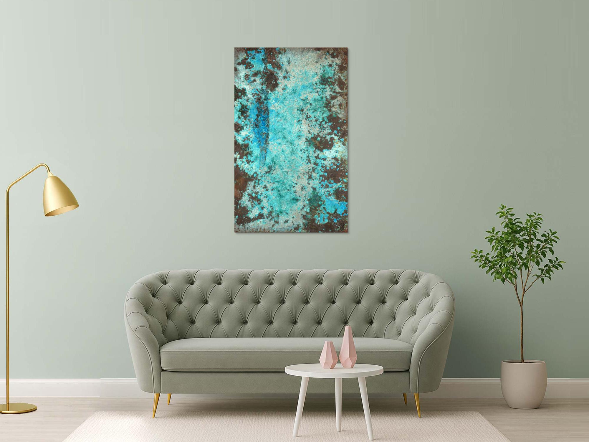 Abstraktes Bild Patina echte Kupferpatina türkis echtes Kupfer und Patina auf Leinwand