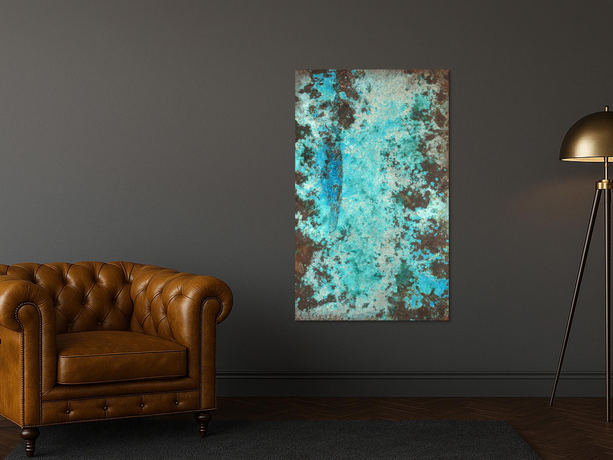 Abstraktes Bild Patina echte Kupferpatina türkis echtes Kupfer und Patina auf Leinwand