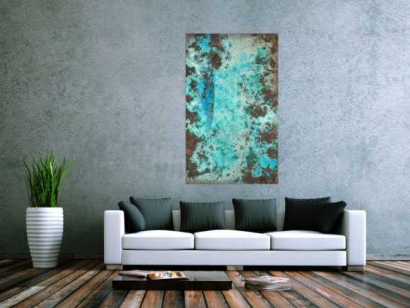 Abstraktes Bild Patina echte Kupferpatina türkis echtes Kupfer und Patina auf Leinwand