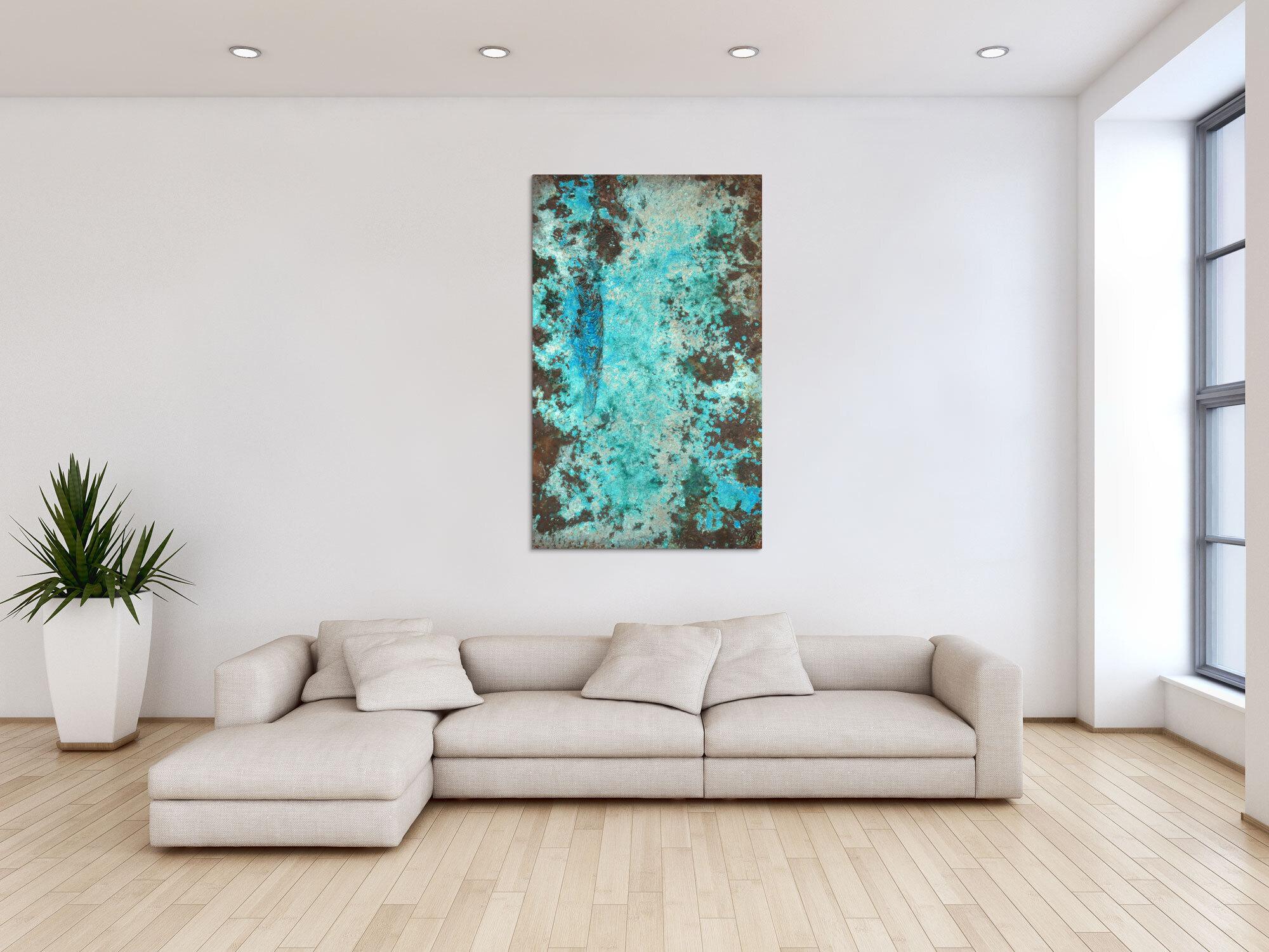 Abstraktes Bild Patina echte Kupferpatina türkis echtes Kupfer und Patina auf Leinwand