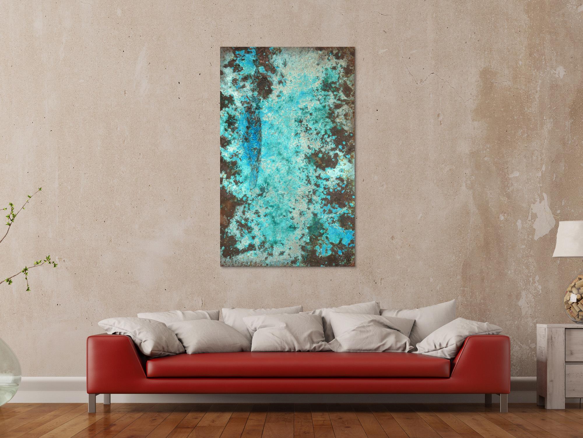 Abstraktes Bild Patina echte Kupferpatina türkis echtes Kupfer und Patina auf Leinwand