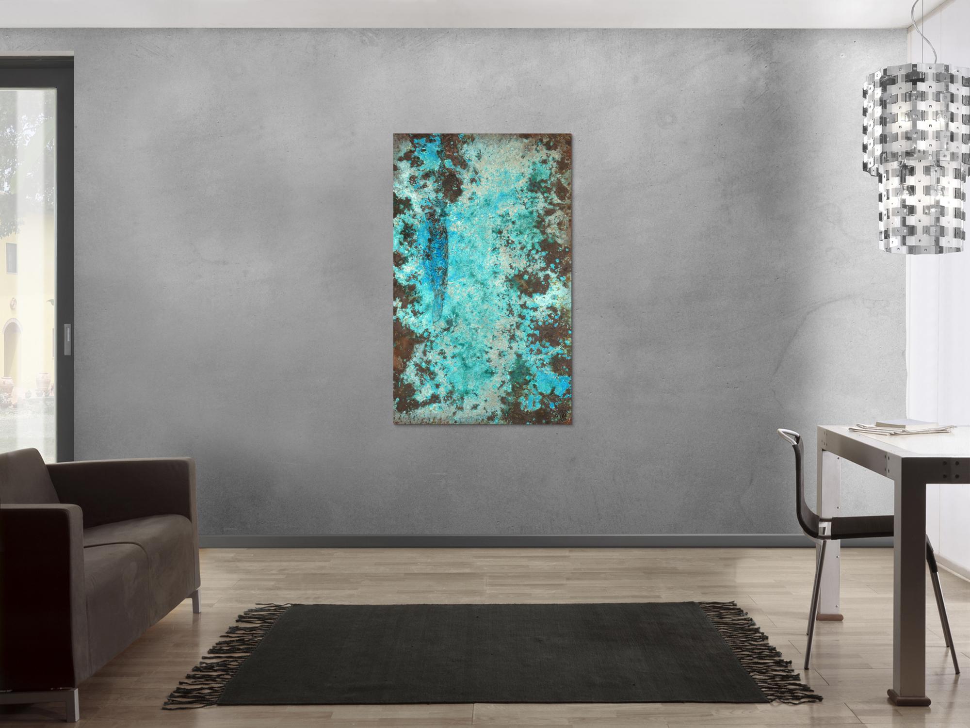 Abstraktes Bild Patina echte Kupferpatina türkis echtes Kupfer und Patina auf Leinwand