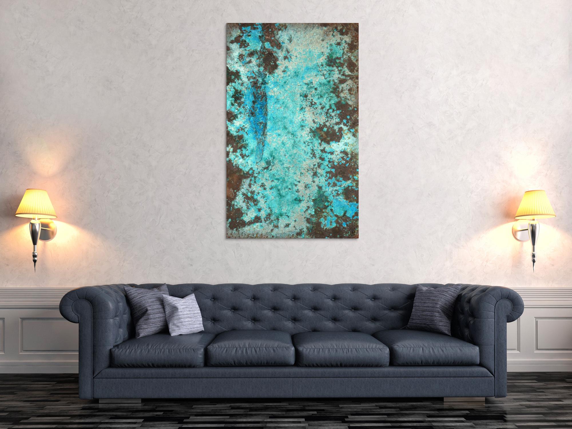 Abstraktes Bild Patina echte Kupferpatina türkis echtes Kupfer und Patina auf Leinwand