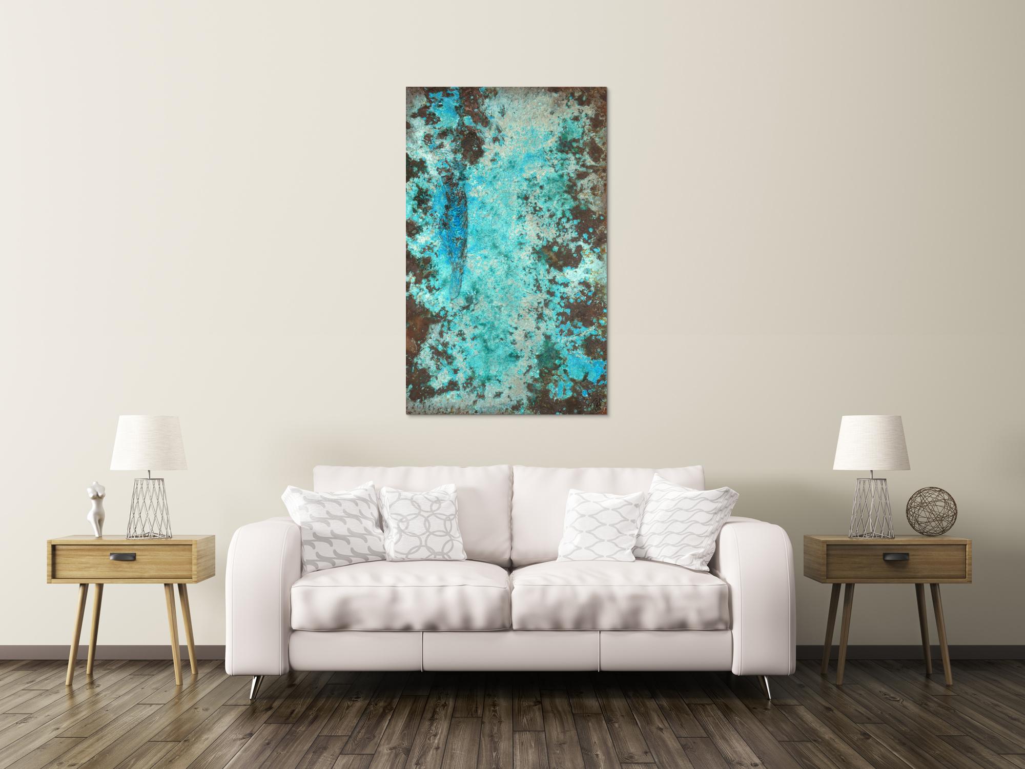 Abstraktes Bild Patina echte Kupferpatina türkis echtes Kupfer und Patina auf Leinwand