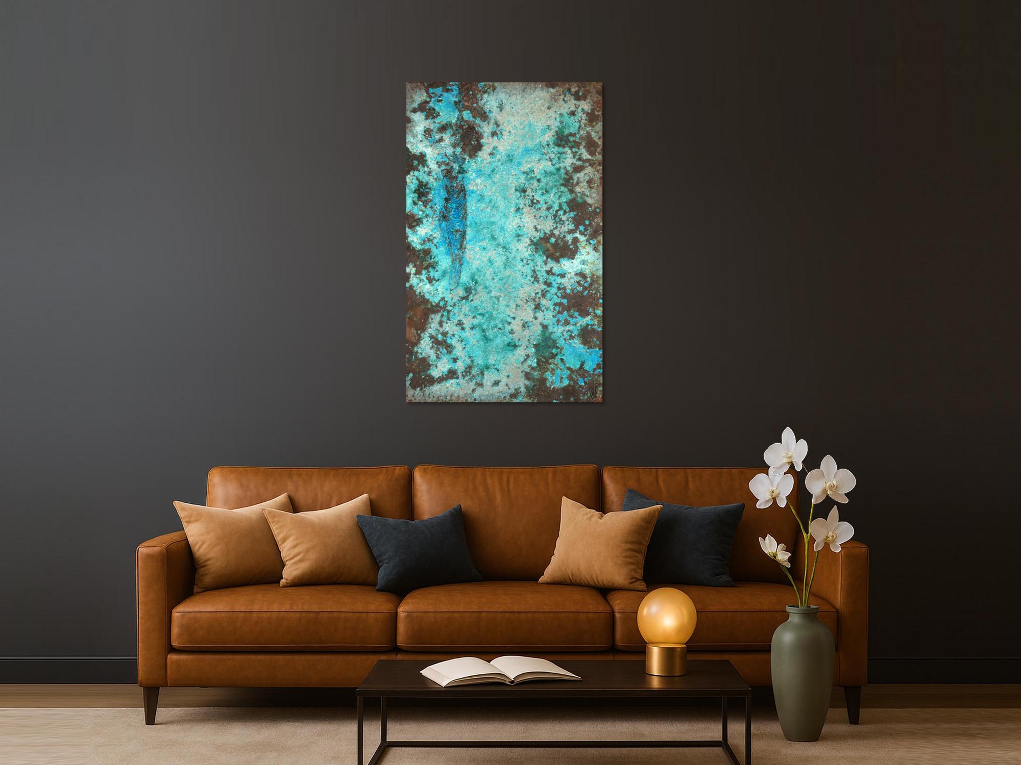 Abstraktes Bild Patina echte Kupferpatina türkis echtes Kupfer und Patina auf Leinwand