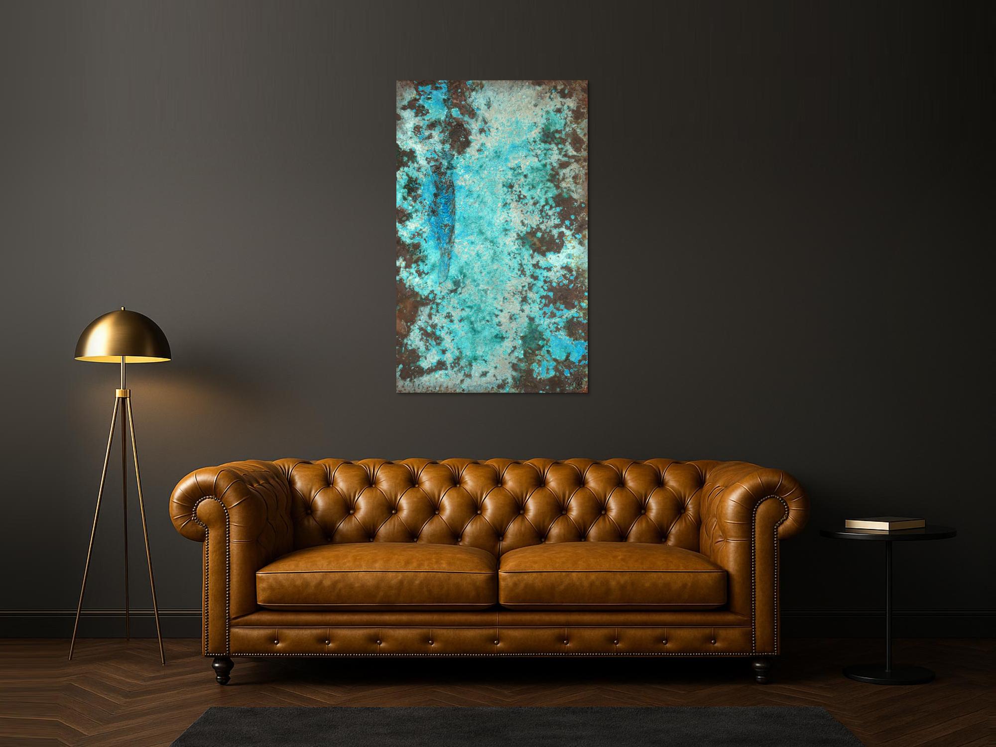 Abstraktes Bild Patina echte Kupferpatina türkis echtes Kupfer und Patina auf Leinwand