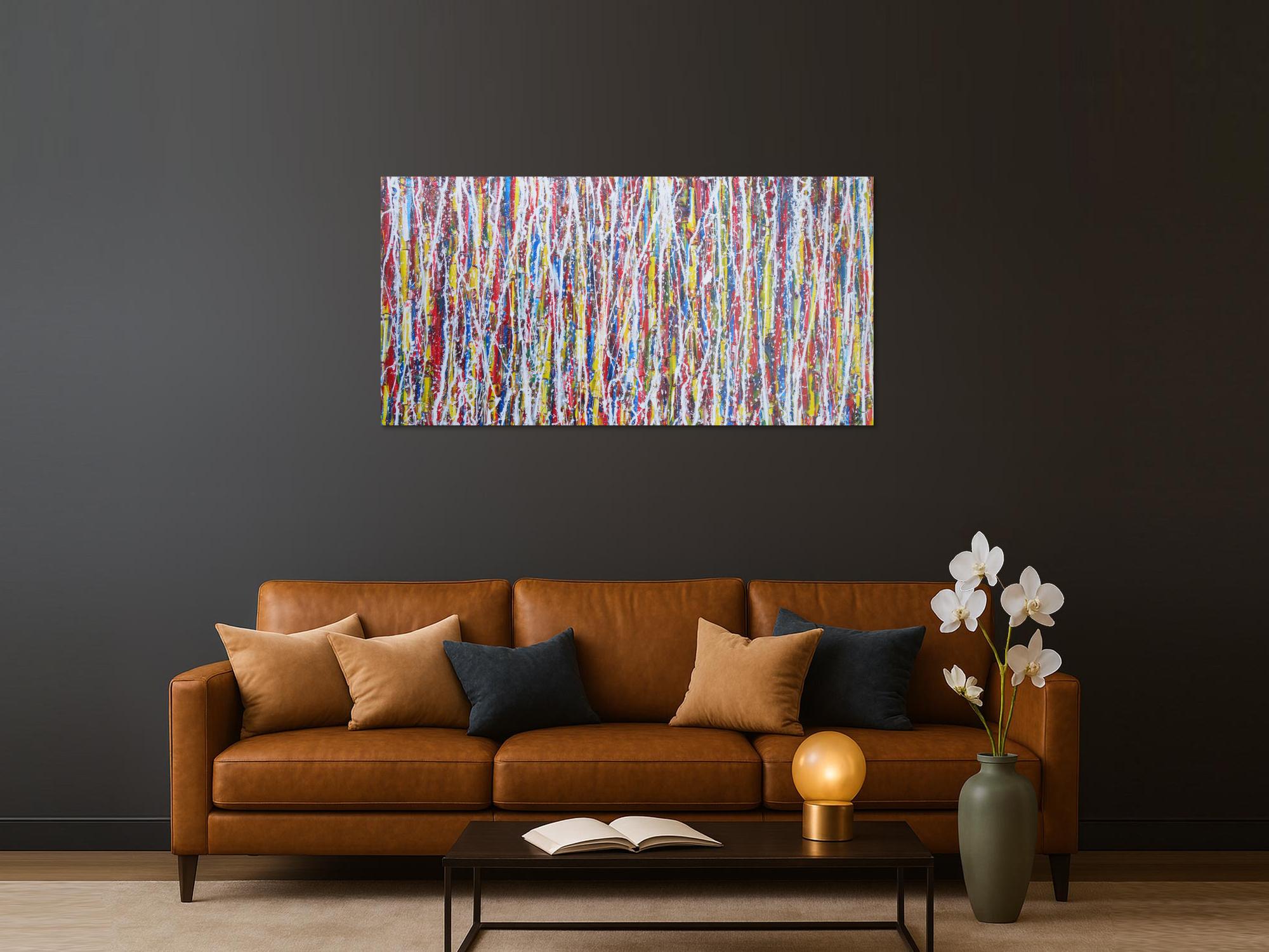 Abstraktes Gemälde Acrylbild modern sehr bunt weiße Streifen Modern Art zeitgenössisch