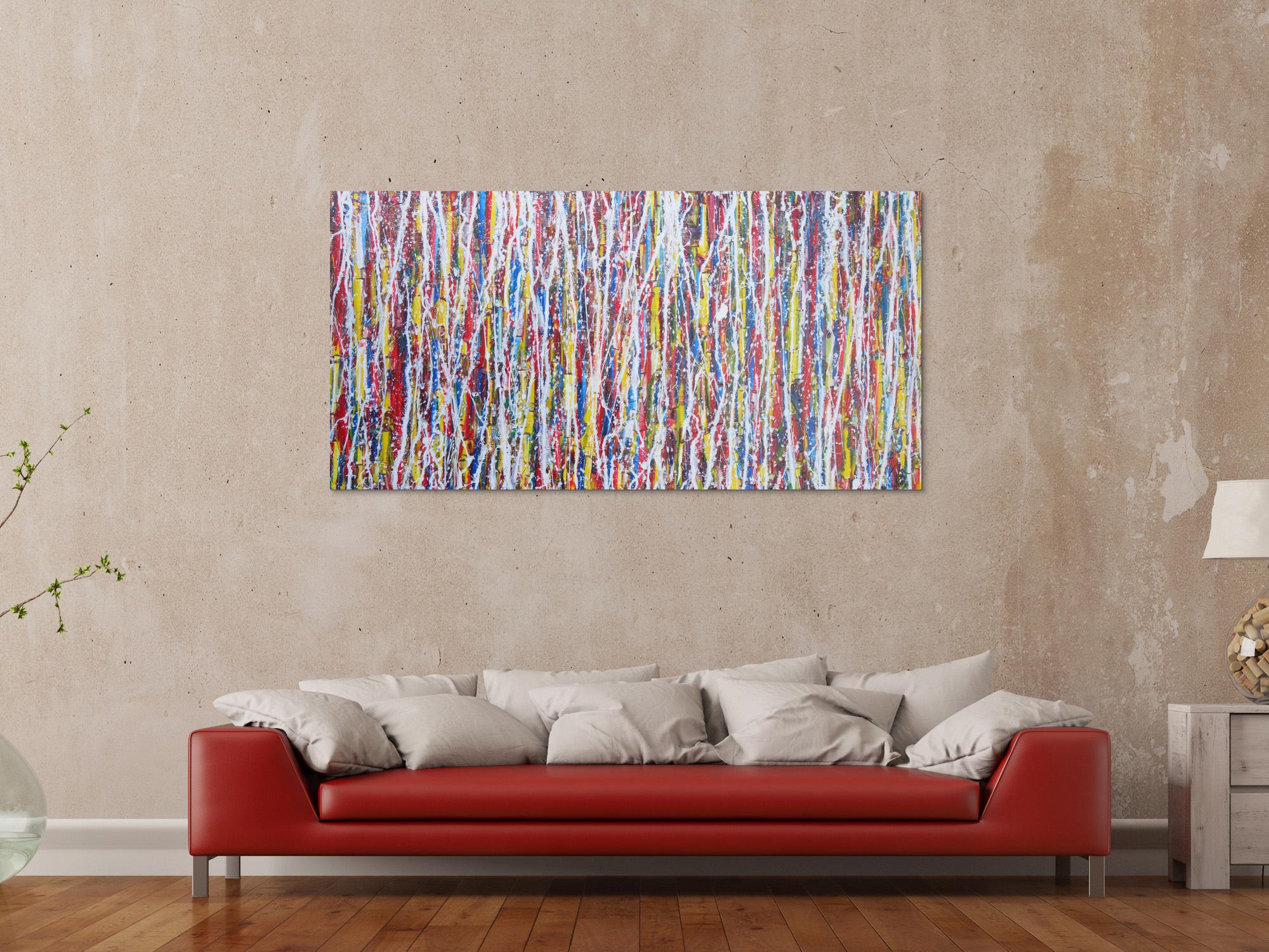 Abstraktes Gemälde Acrylbild modern sehr bunt weiße Streifen Modern Art zeitgenössisch