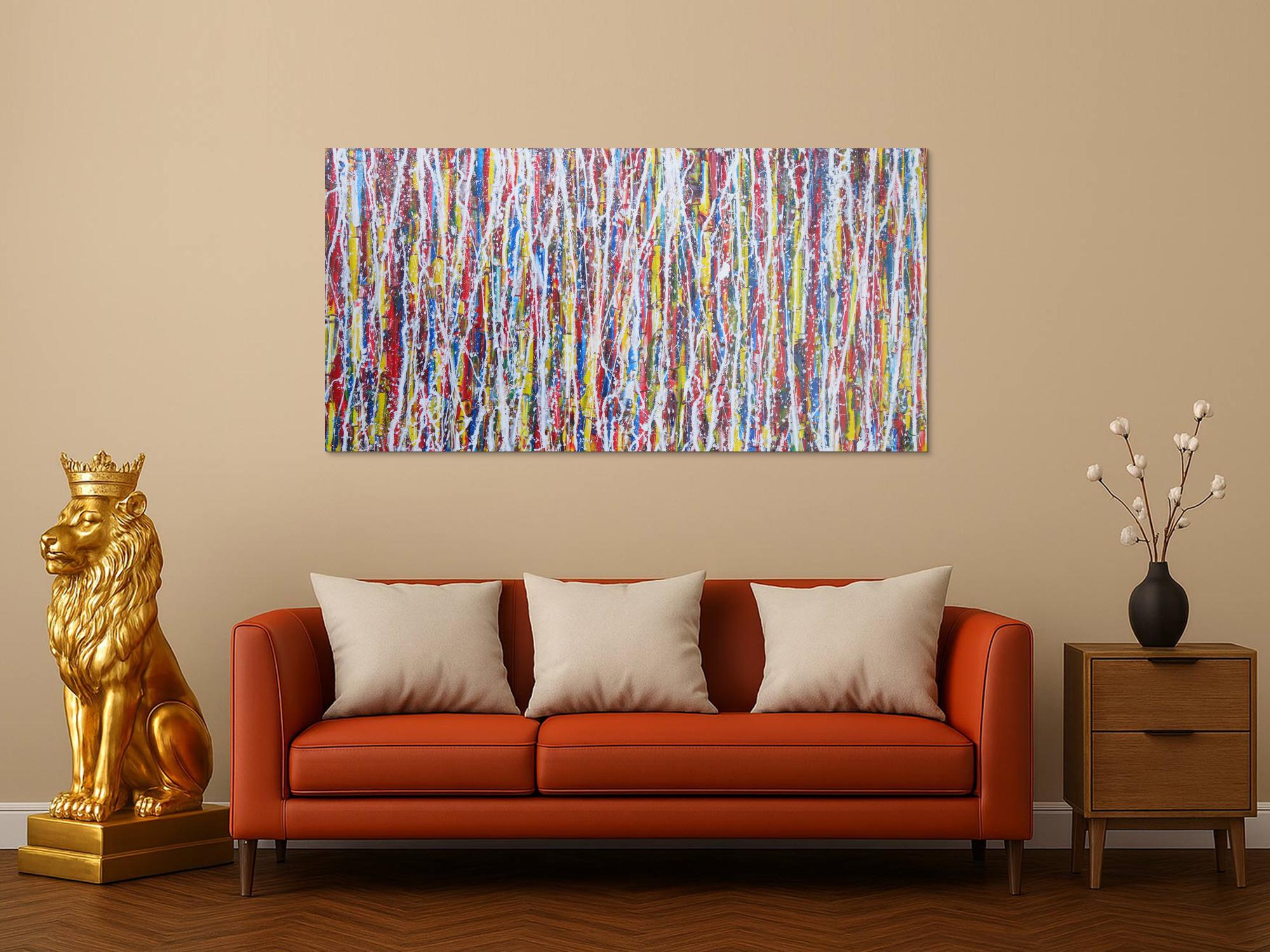 Abstraktes Gemälde Acrylbild modern sehr bunt weiße Streifen Modern Art zeitgenössisch