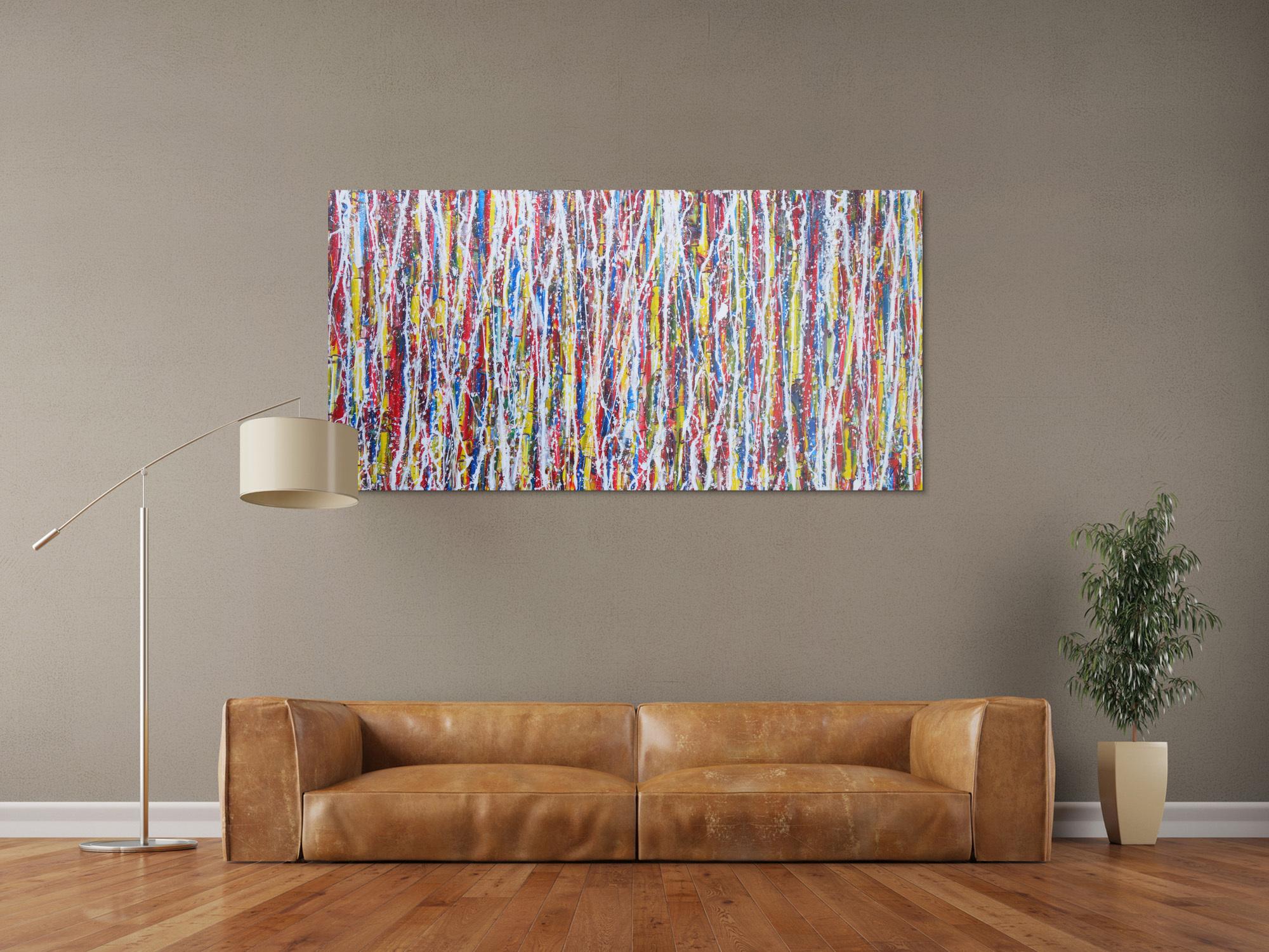 Abstraktes Gemälde Acrylbild modern sehr bunt weiße Streifen Modern Art zeitgenössisch