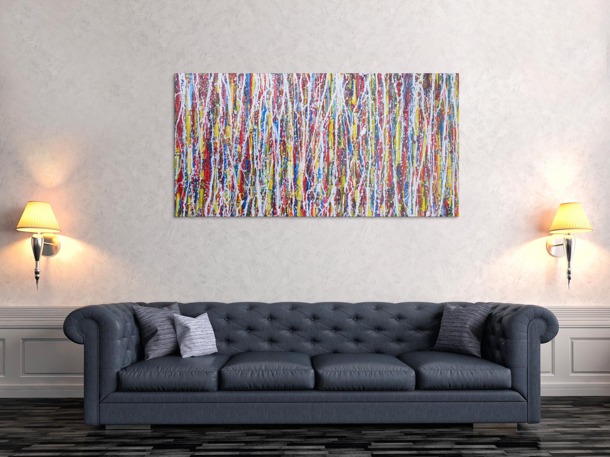 Abstraktes Gemälde Acrylbild modern sehr bunt weiße Streifen Modern Art zeitgenössisch