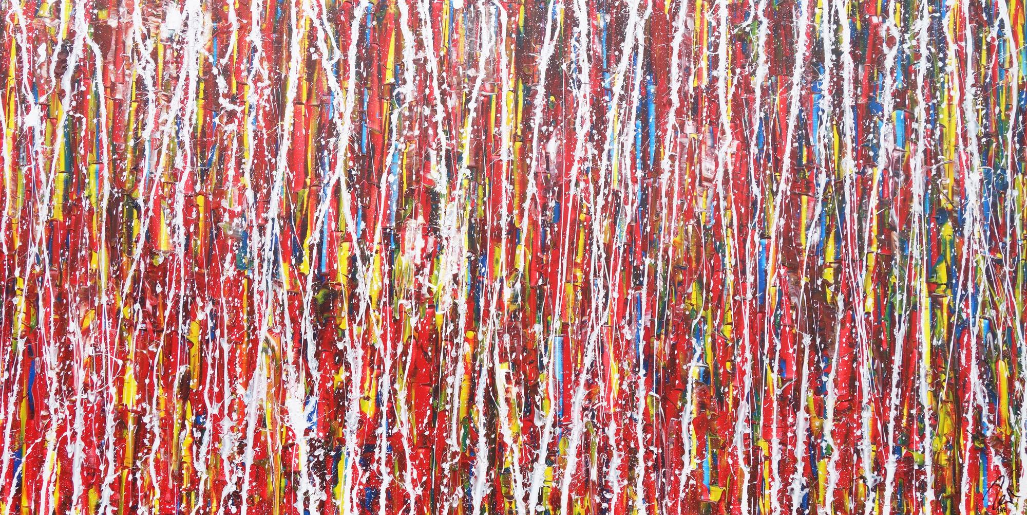 Abstraktes Acrylbild Action Painting bunt modern rot weiße Streifen zeitgenössisch