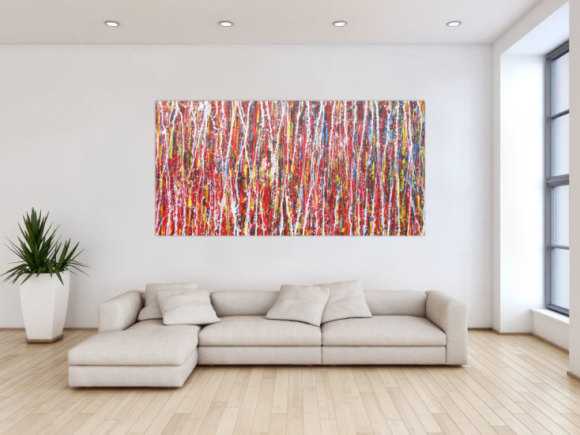 Abstraktes Acrylbild Action Painting bunt modern rot weiße Streifen zeitgenössisch