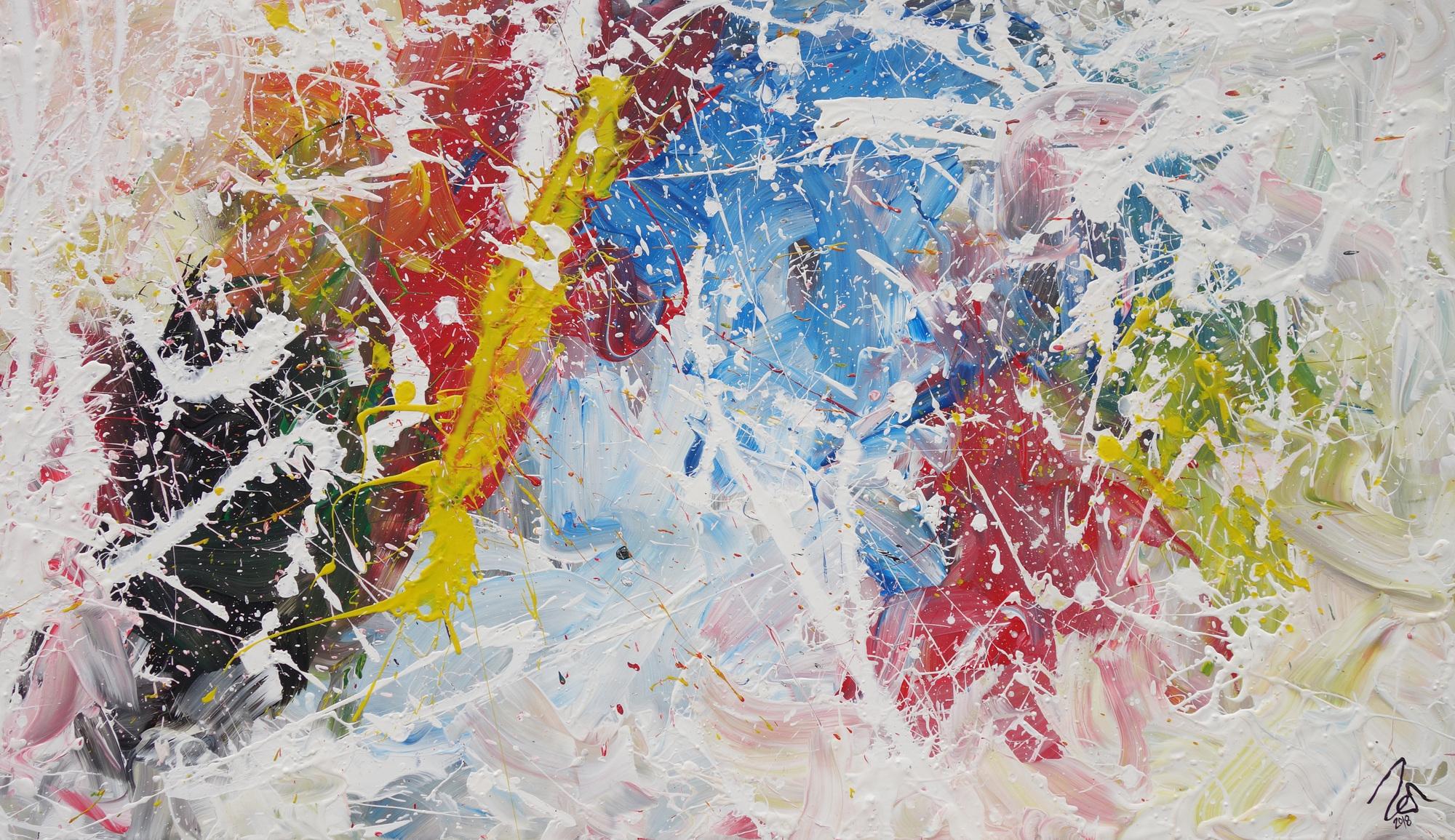 Abstraktes Acrylbild Action Painting sehr bunt weiß rot blau gelb zeitgenössisch