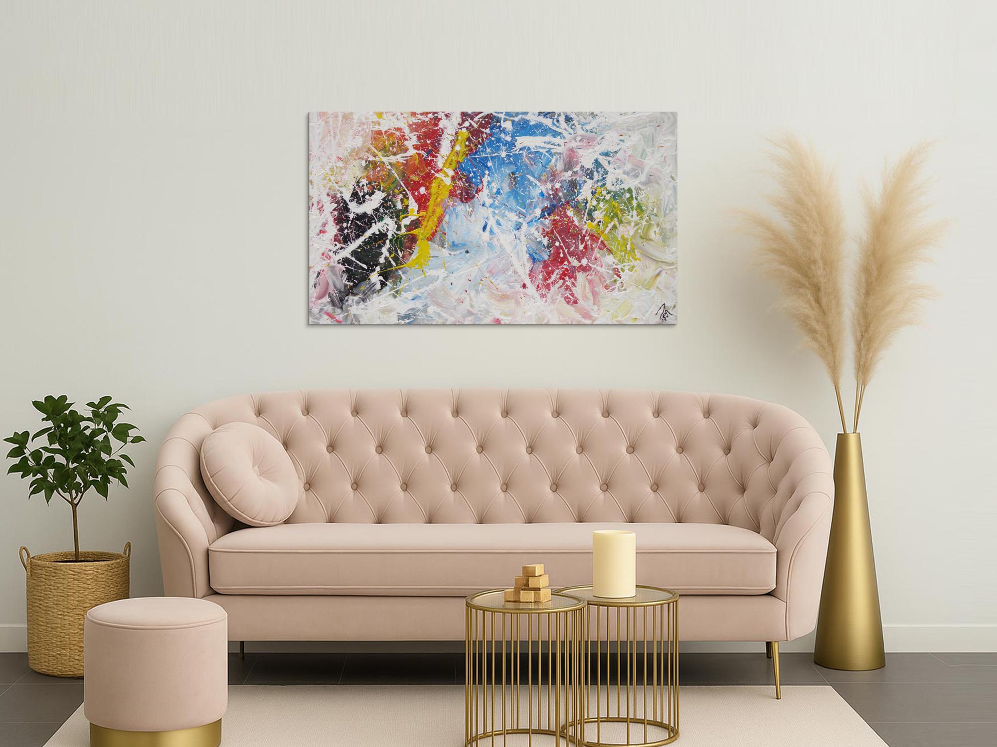 Abstraktes Acrylbild Action Painting sehr bunt weiß rot blau gelb zeitgenössisch