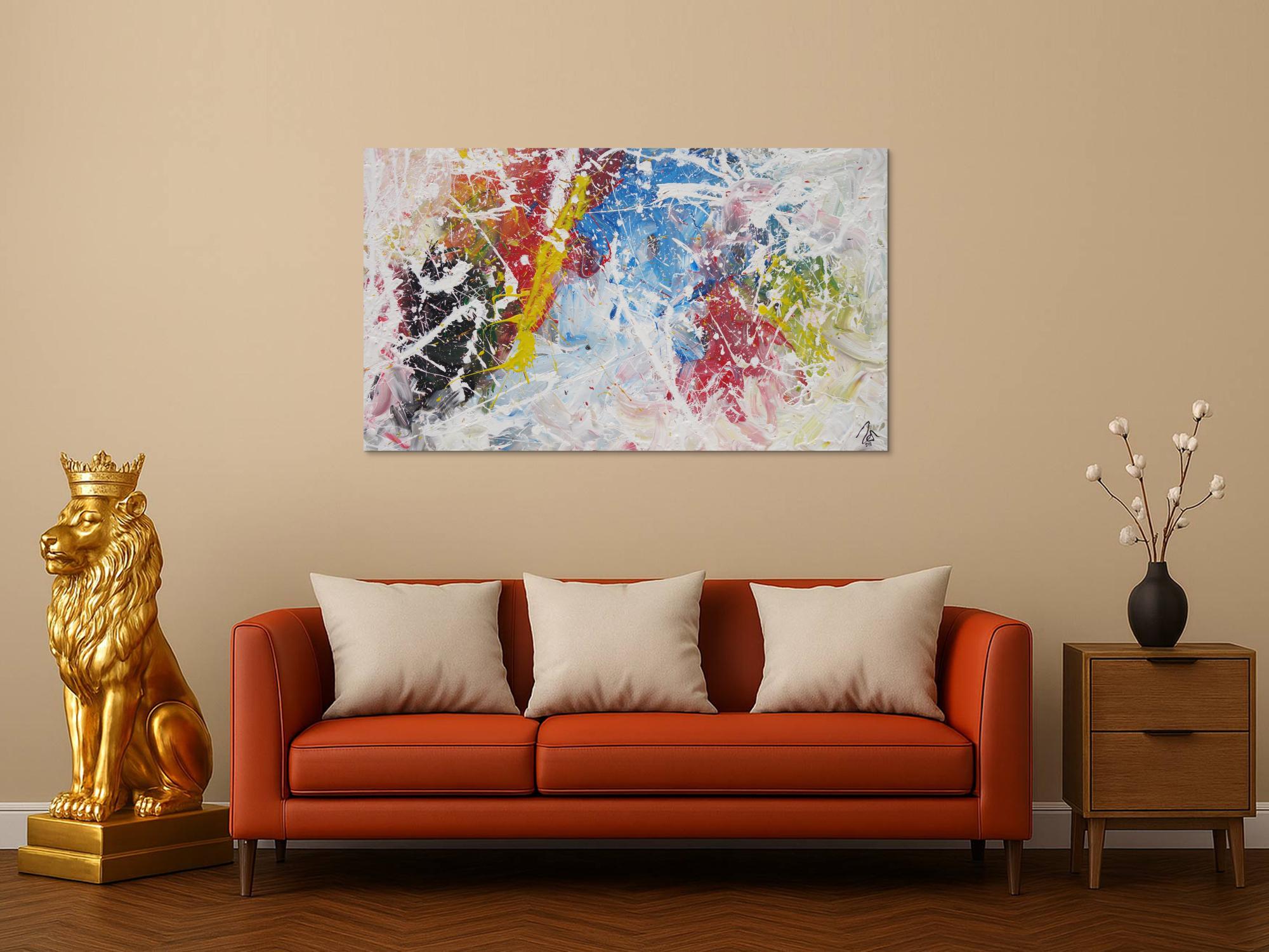 Abstraktes Acrylbild Action Painting sehr bunt weiß rot blau gelb zeitgenössisch