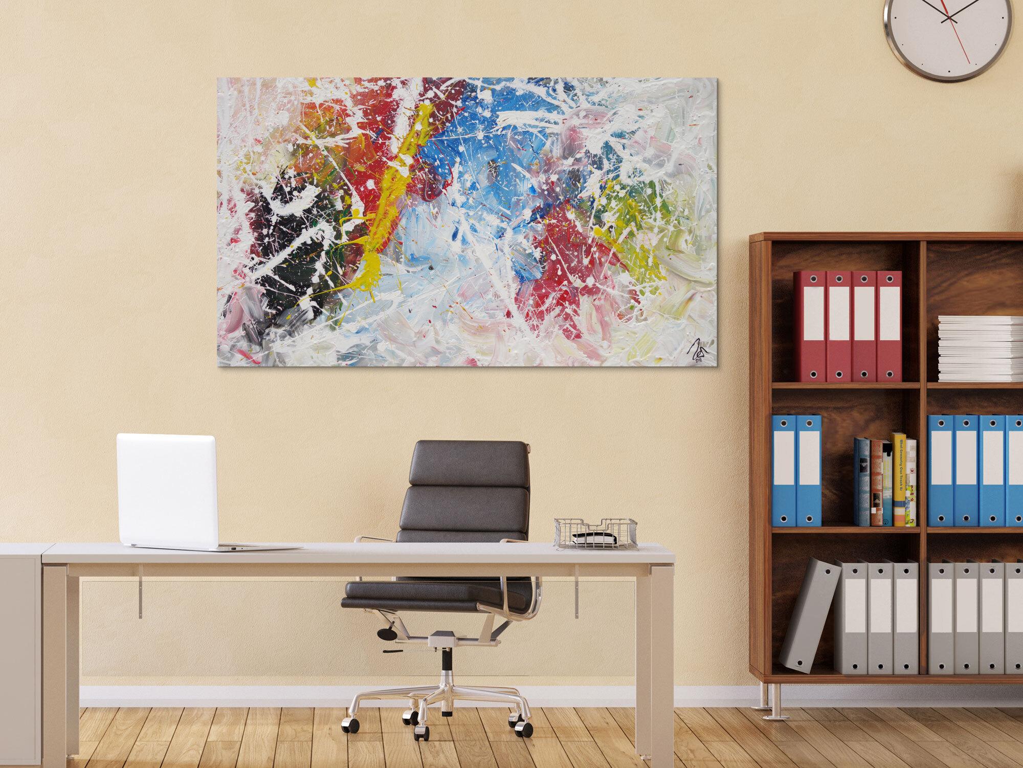 Abstraktes Acrylbild Action Painting sehr bunt weiß rot blau gelb zeitgenössisch