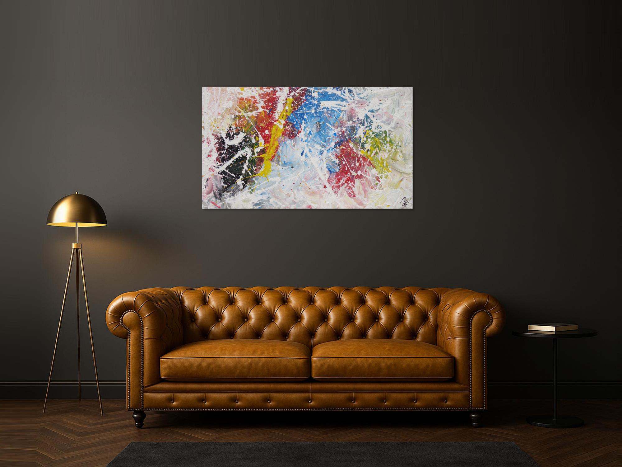 Abstraktes Acrylbild Action Painting sehr bunt weiß rot blau gelb zeitgenössisch