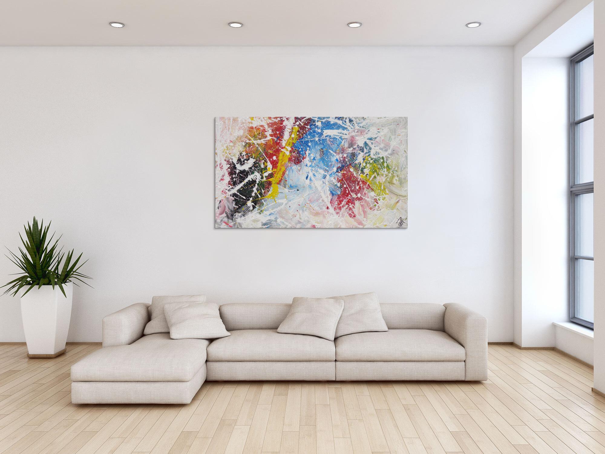 Abstraktes Acrylbild Action Painting sehr bunt weiß rot blau gelb zeitgenössisch