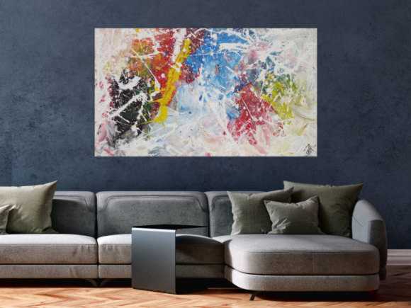 Abstraktes Acrylbild Action Painting sehr bunt weiß rot blau gelb zeitgenössisch