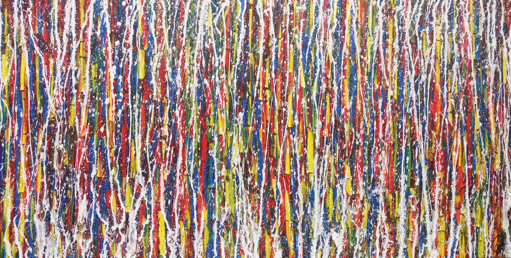 Abstraktes Acrylbild bunt weiße Streifen modern expressionistisch Action Painting