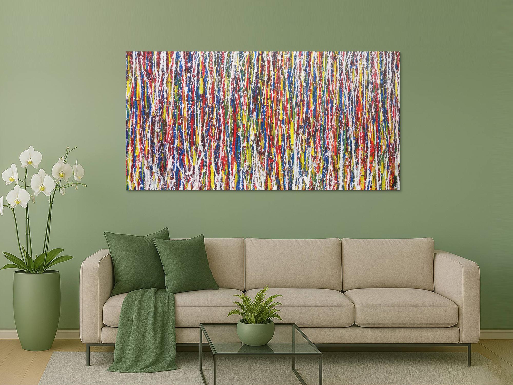 Abstraktes Acrylbild bunt weiße Streifen modern expressionistisch Action Painting