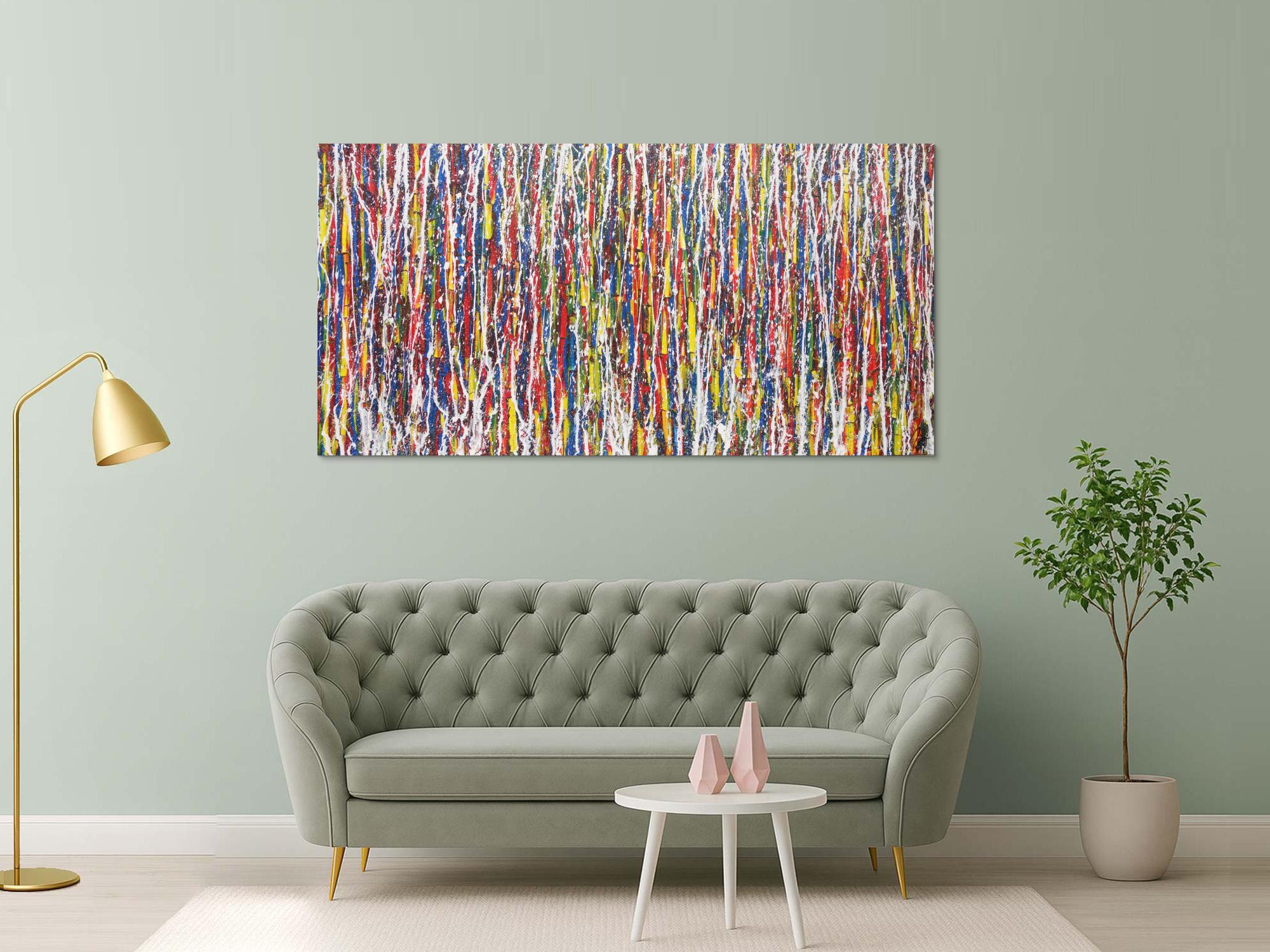 Abstraktes Acrylbild bunt weiße Streifen modern expressionistisch Action Painting