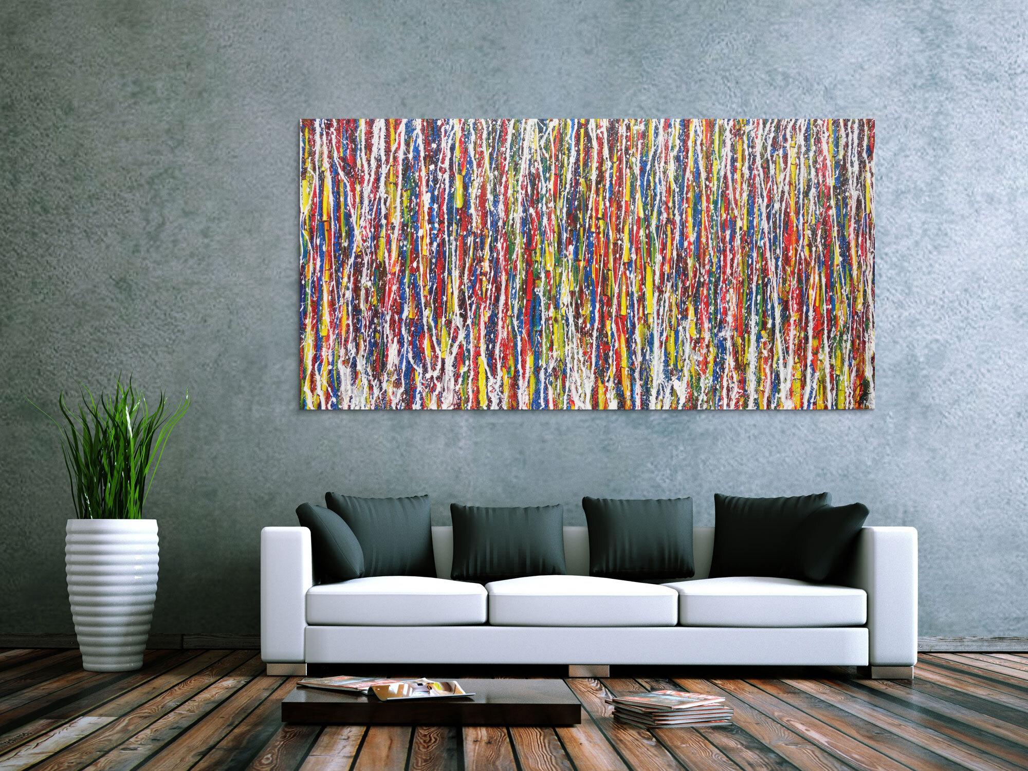 Abstraktes Acrylbild bunt weiße Streifen modern expressionistisch Action Painting