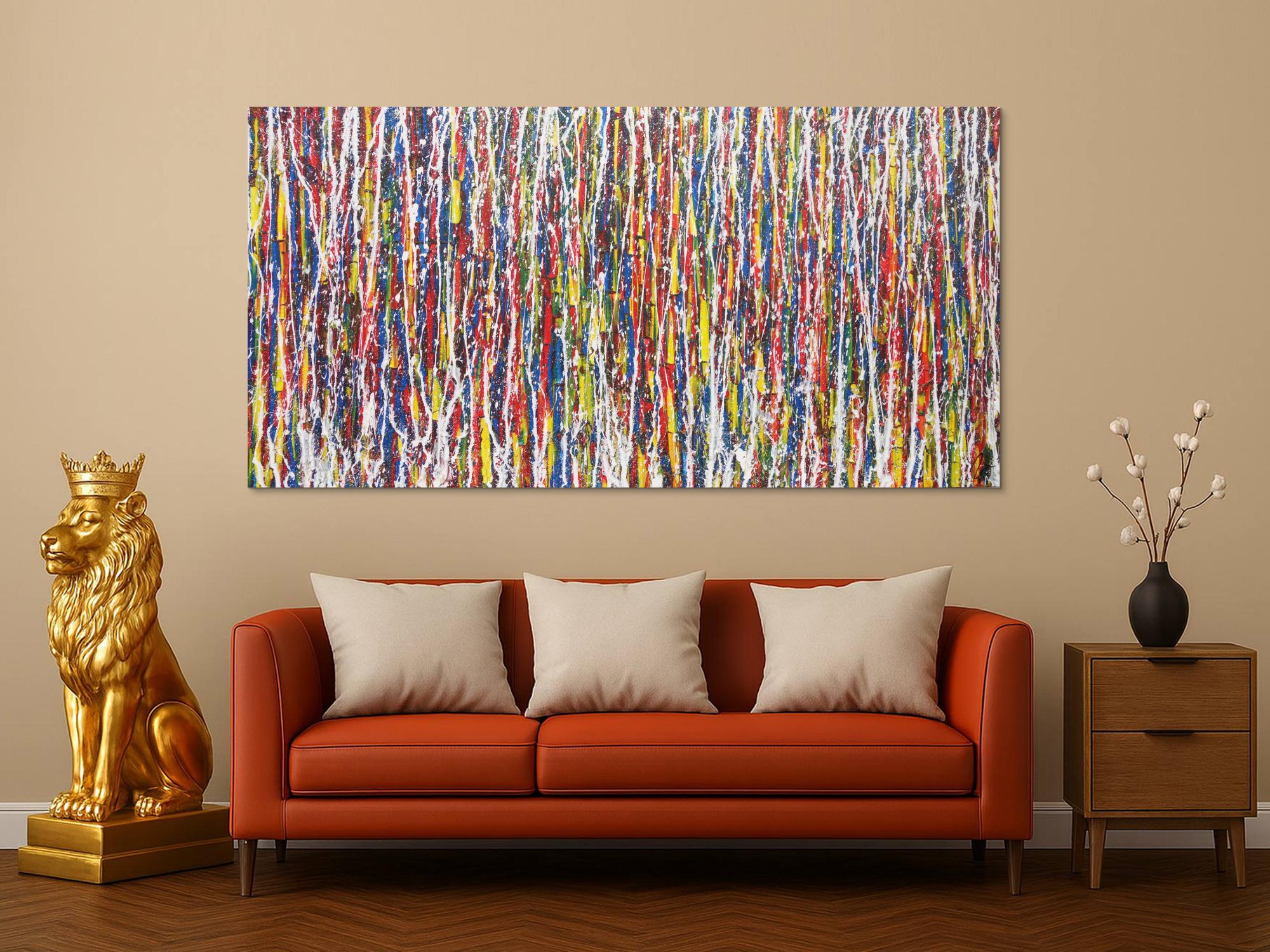 Abstraktes Acrylbild bunt weiße Streifen modern expressionistisch Action Painting