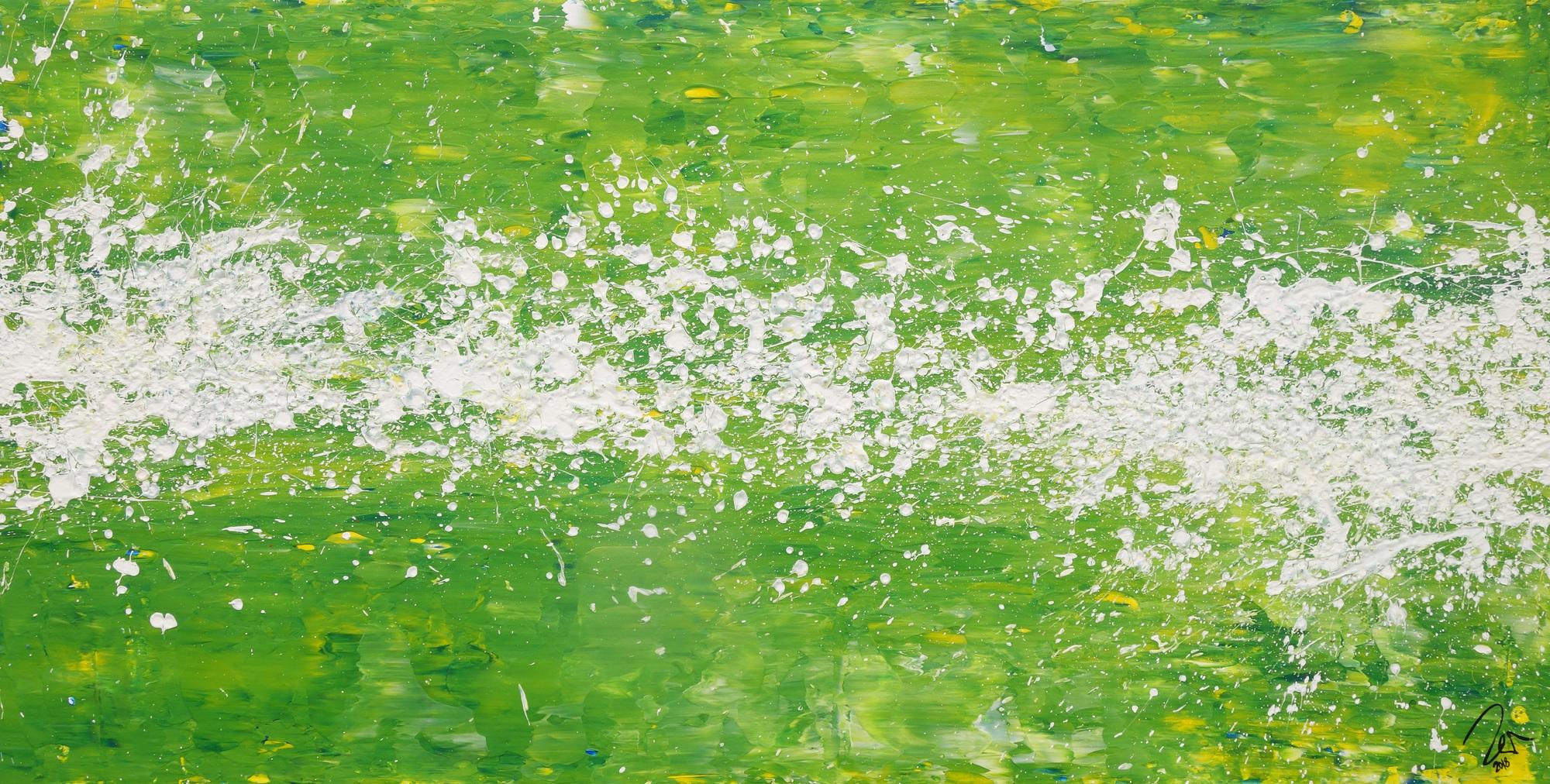 Abstraktes Acrylbild Action Painting grün weiß zeitgenössisch modern expressionistisch