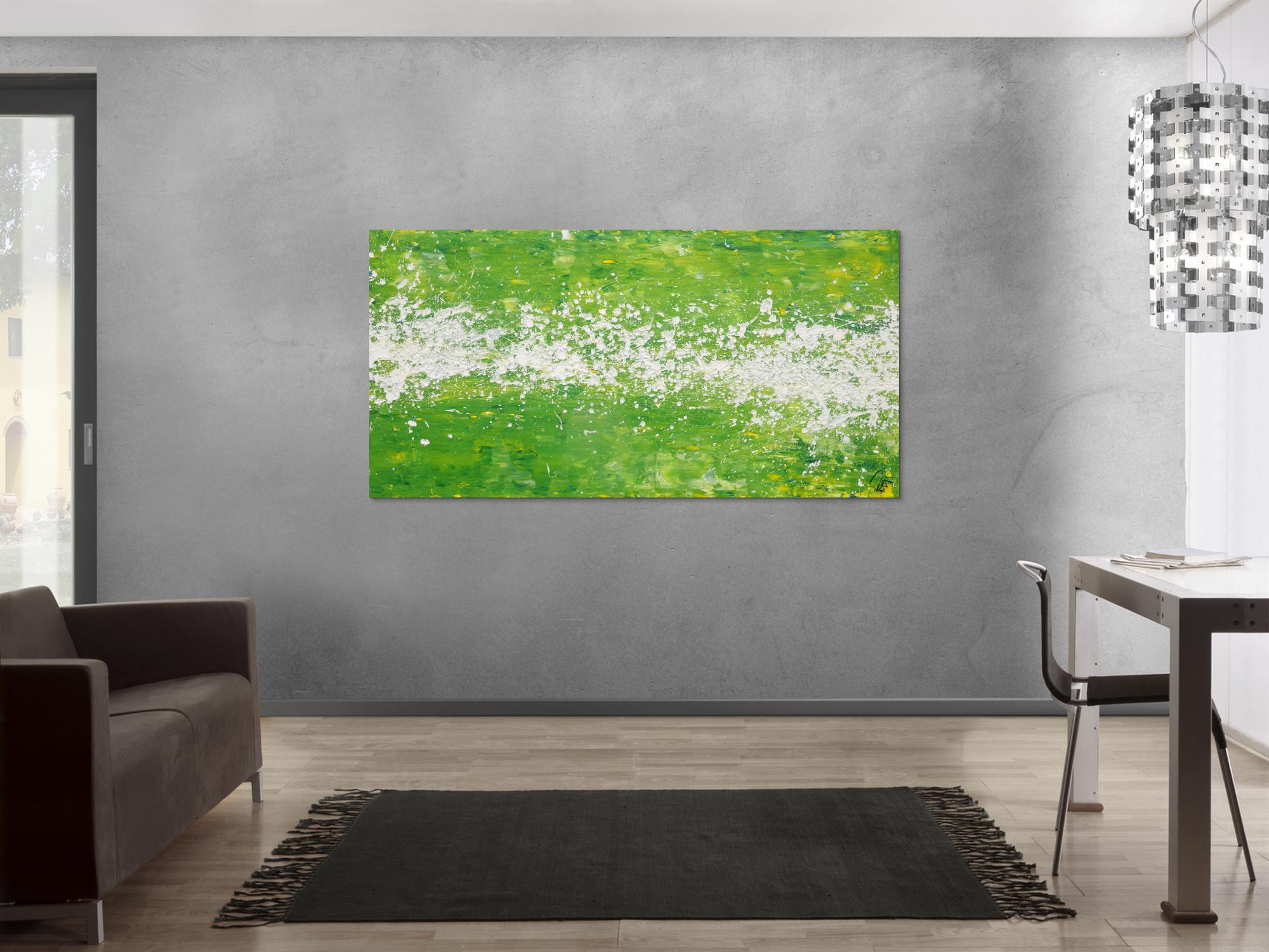 Abstraktes Acrylbild Action Painting grün weiß zeitgenössisch modern expressionistisch