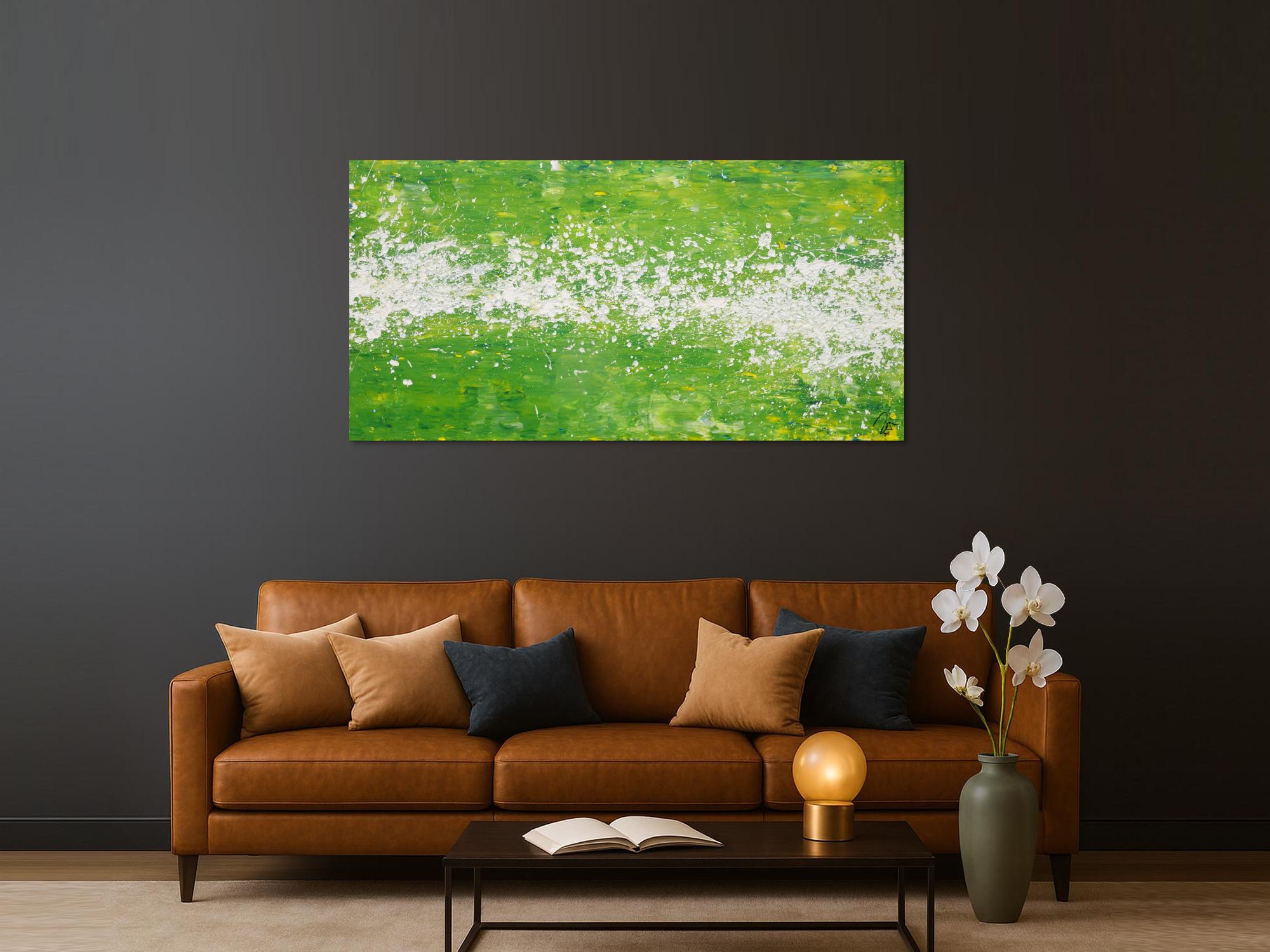 Abstraktes Acrylbild Action Painting grün weiß zeitgenössisch modern expressionistisch