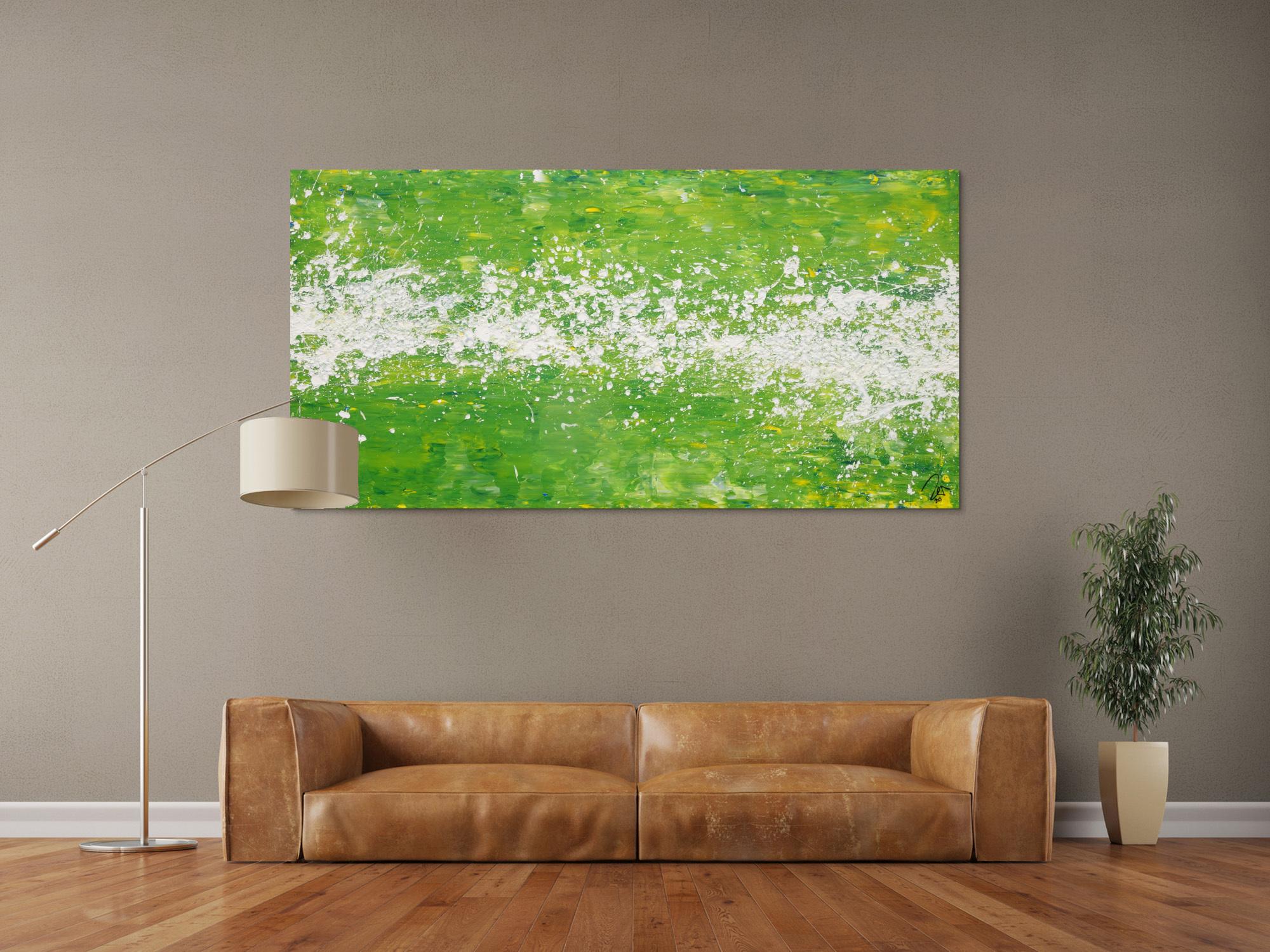 Abstraktes Acrylbild Action Painting grün weiß zeitgenössisch modern expressionistisch