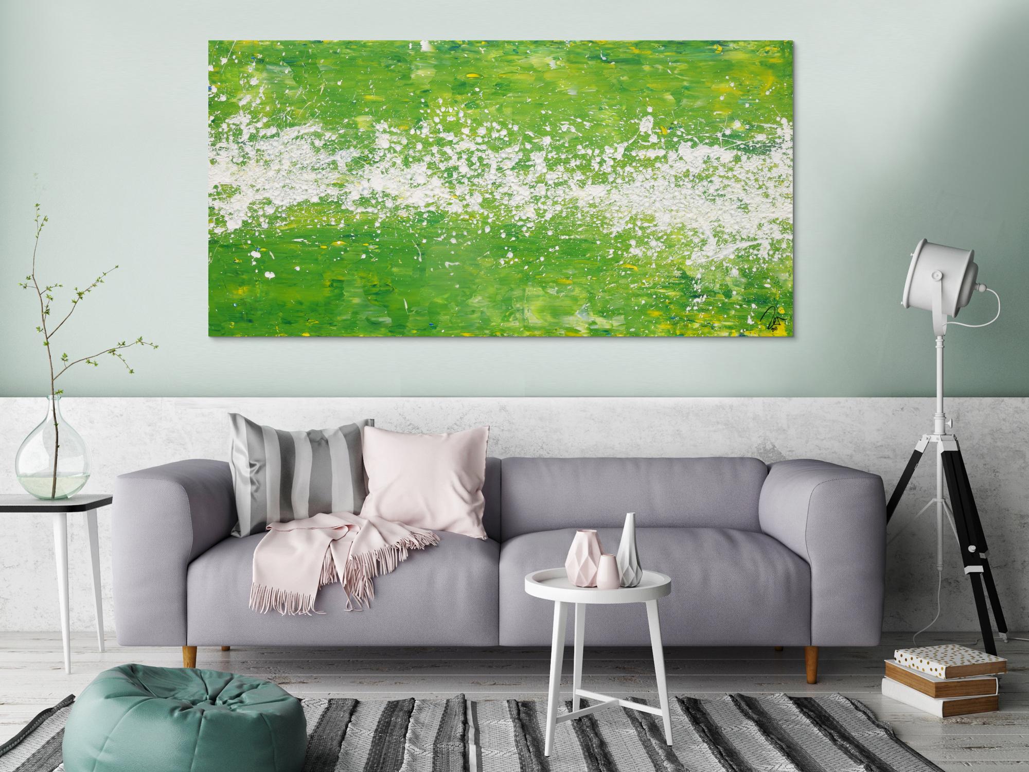 Abstraktes Acrylbild Action Painting grün weiß zeitgenössisch modern expressionistisch