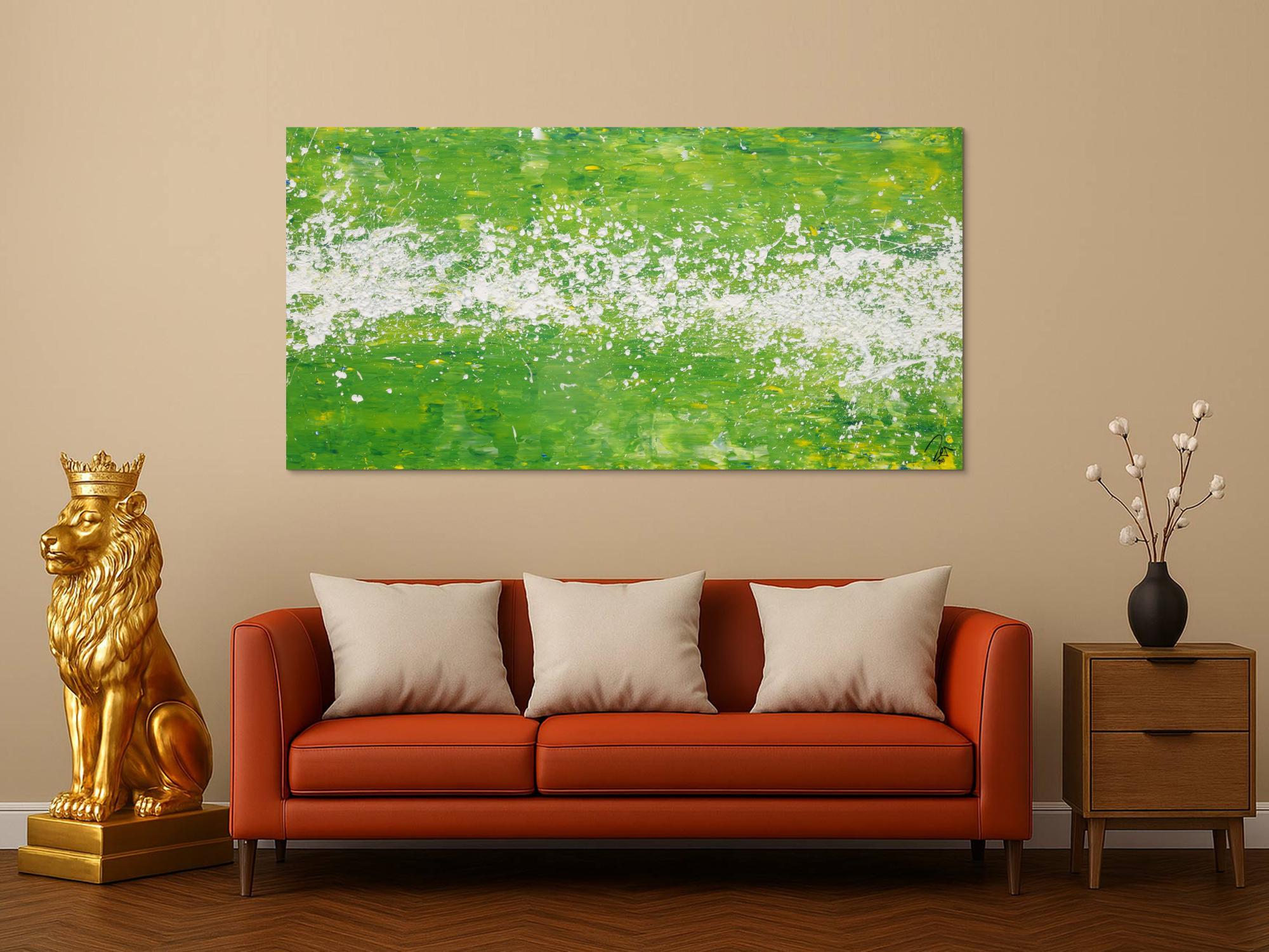 Abstraktes Acrylbild Action Painting grün weiß zeitgenössisch modern expressionistisch