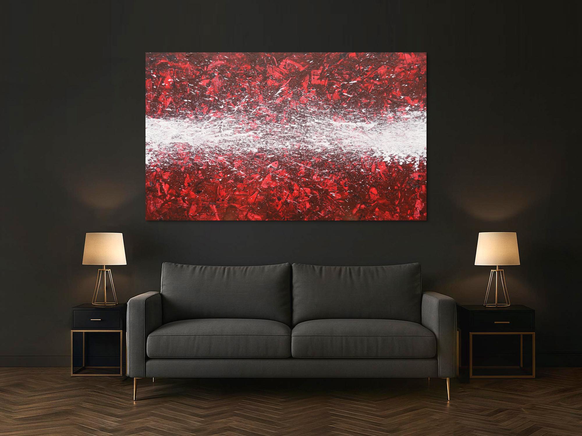 Abstraktes Acrylbild Action Painting zeitgenössisch rot weiß modernes Gemälde