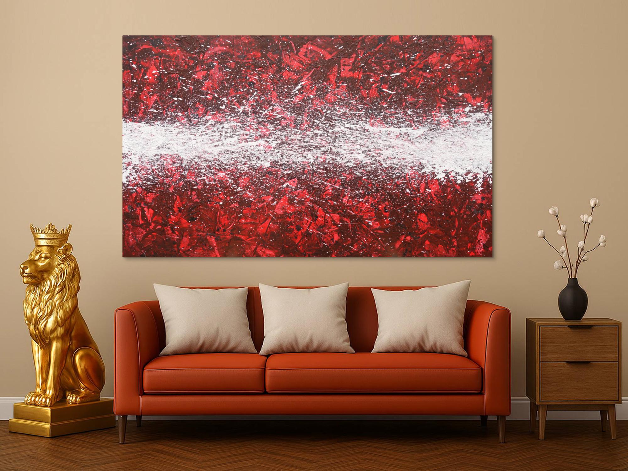 Abstraktes Acrylbild Action Painting zeitgenössisch rot weiß modernes Gemälde
