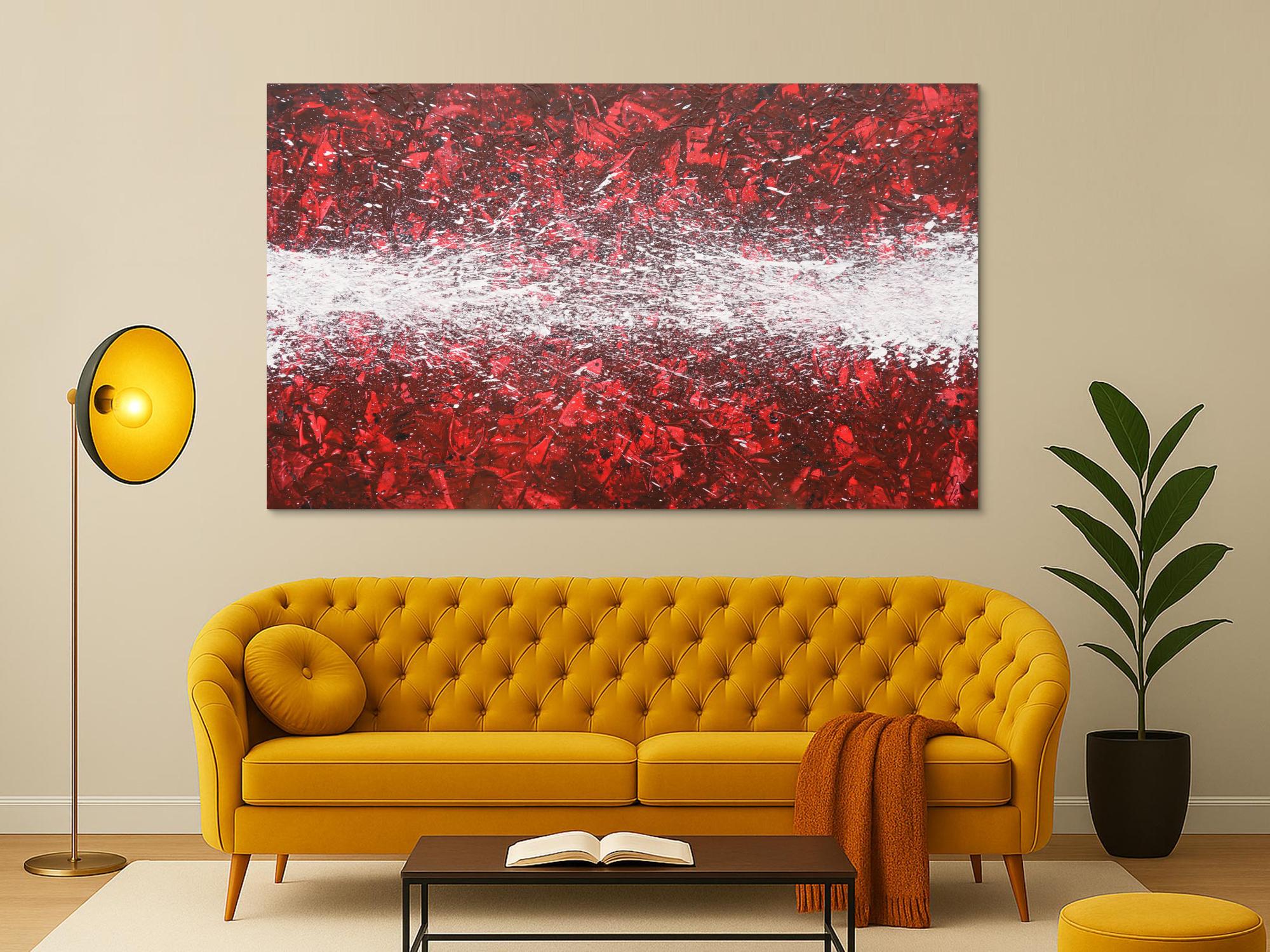 Abstraktes Acrylbild Action Painting zeitgenössisch rot weiß modernes Gemälde