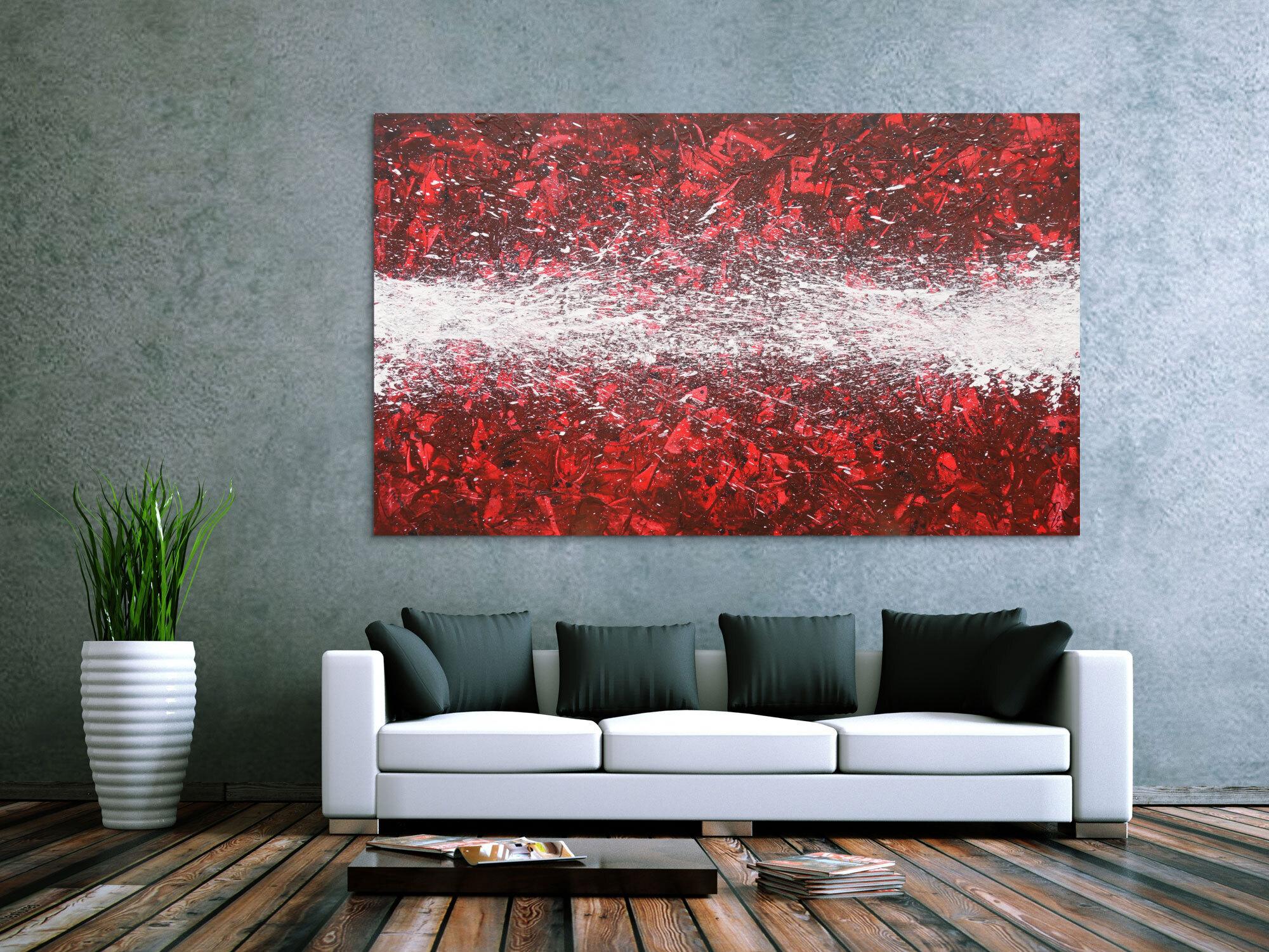 Abstraktes Acrylbild Action Painting zeitgenössisch rot weiß modernes Gemälde