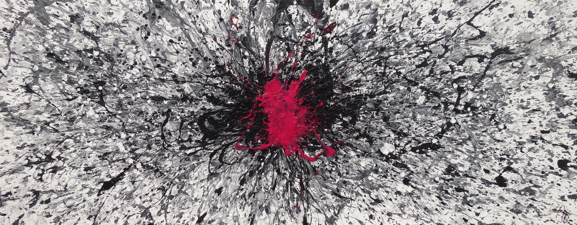 Abstraktes Acrylbild Action Painting glau weiß schwarz Fleck in Magenta Splash Art Zeitgenössisch