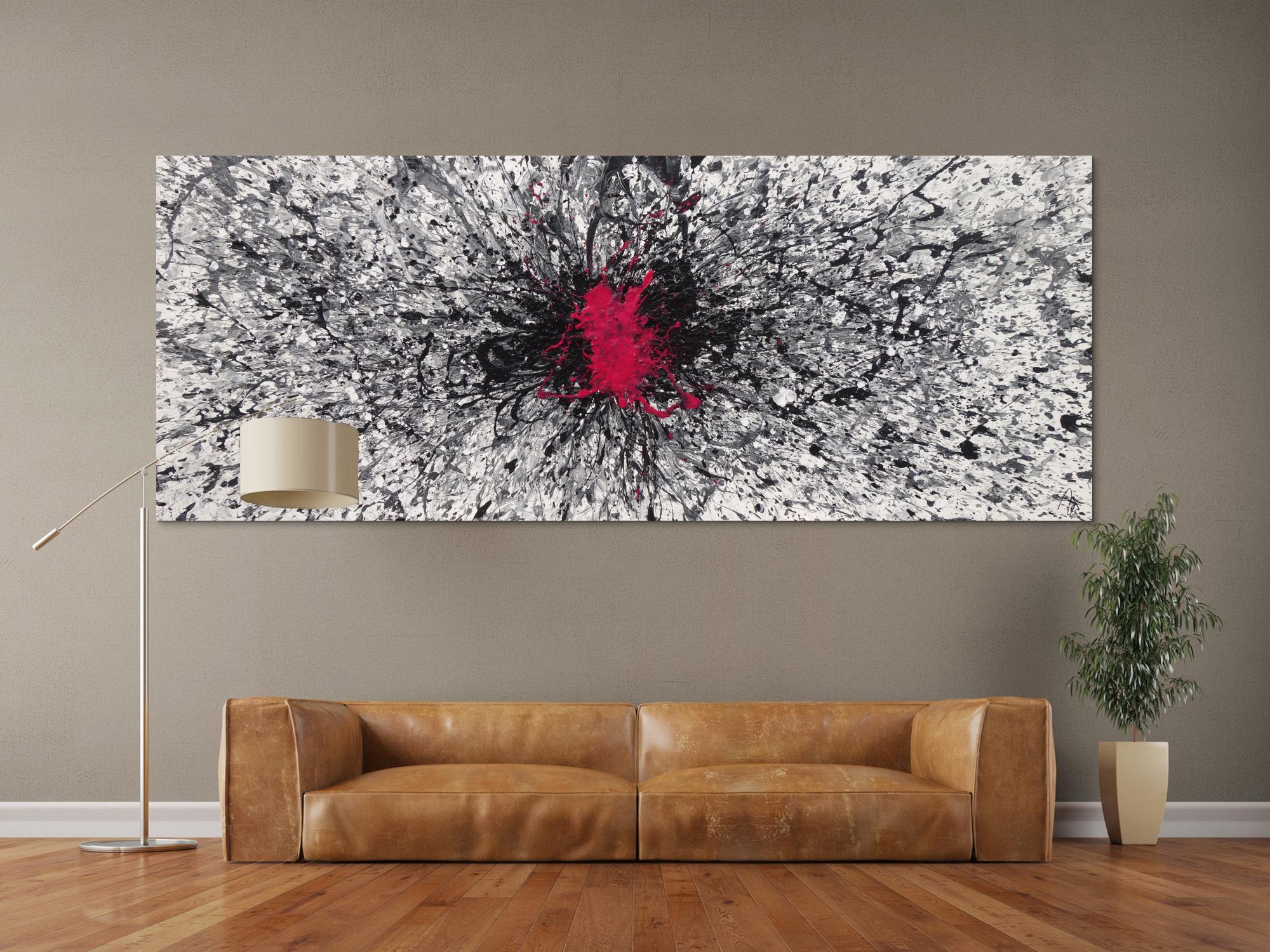 Abstraktes Acrylbild Action Painting glau weiß schwarz Fleck in Magenta Splash Art Zeitgenössisch