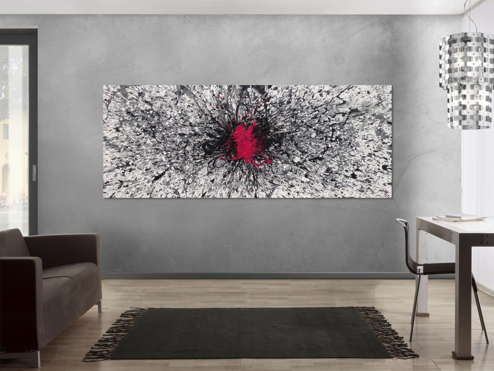 Abstraktes Acrylbild Action Painting glau weiß schwarz Fleck in Magenta Splash Art Zeitgenössisch