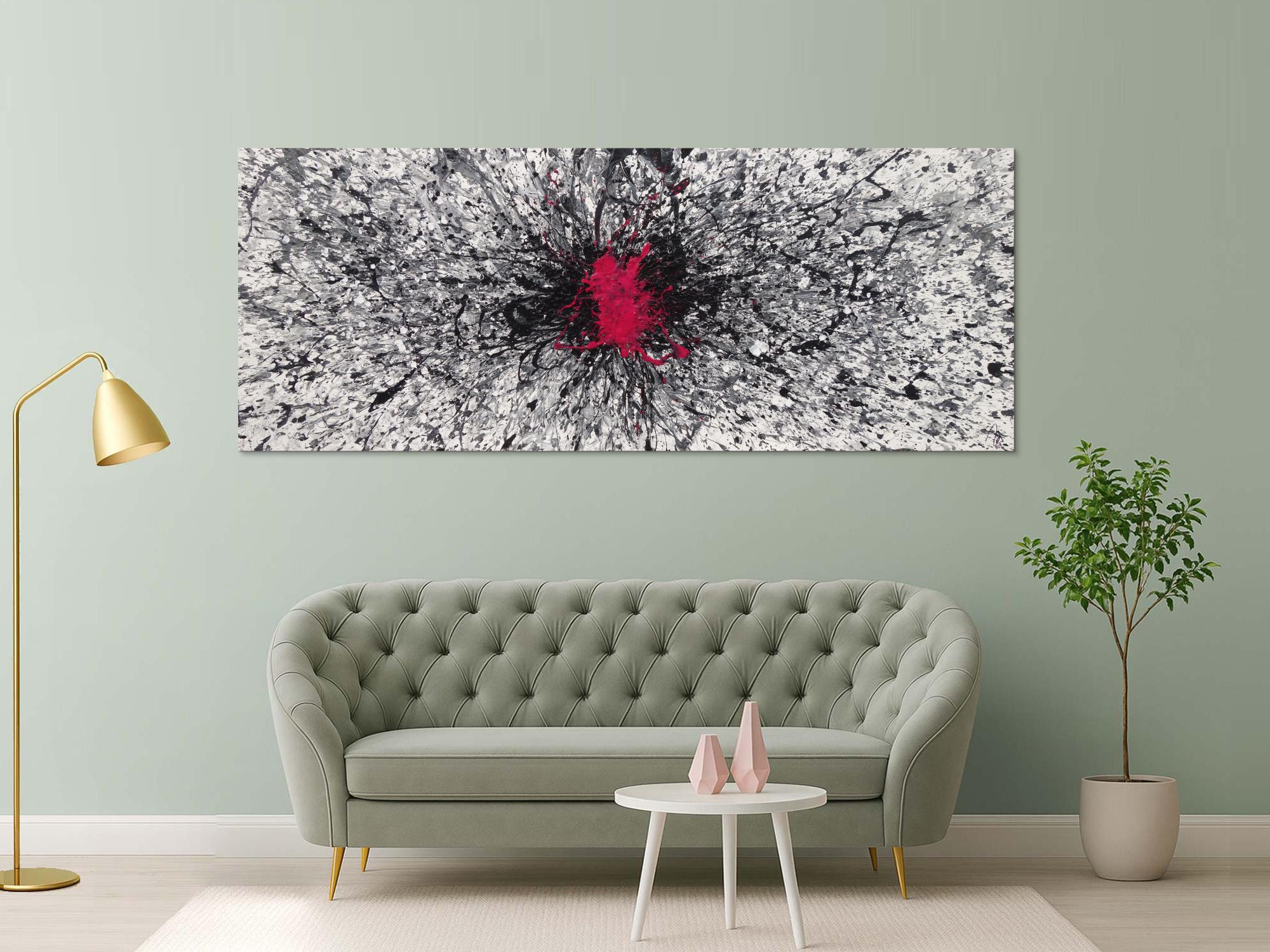 Abstraktes Acrylbild Action Painting glau weiß schwarz Fleck in Magenta Splash Art Zeitgenössisch