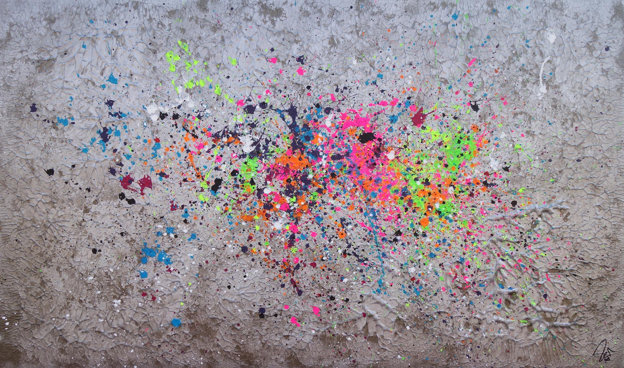 Abstraktes Acrylbild Action Painting silber neon Splash Art bunte Farben auf silber Grund