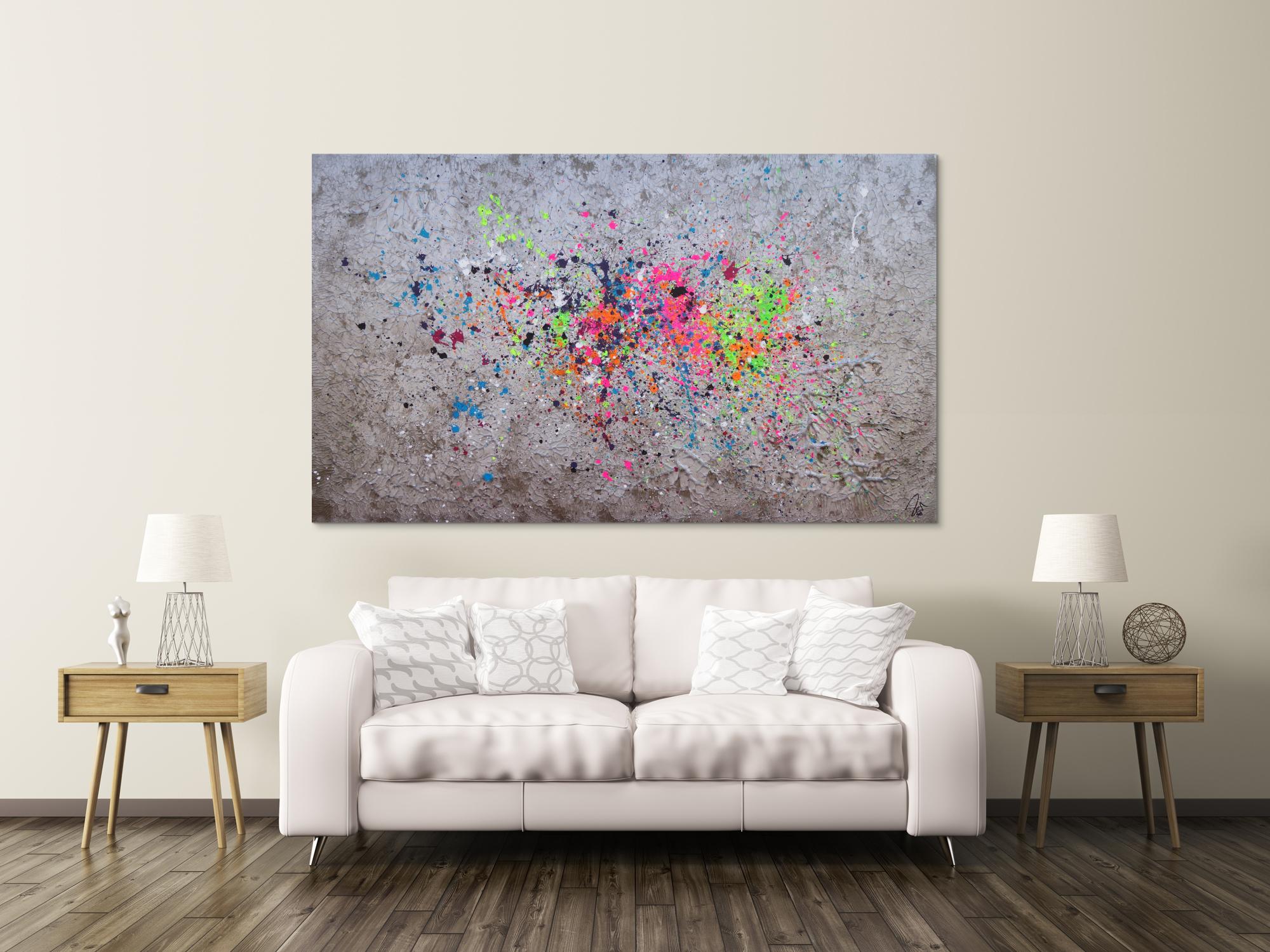 Abstraktes Acrylbild Action Painting silber neon Splash Art bunte Farben auf silber Grund
