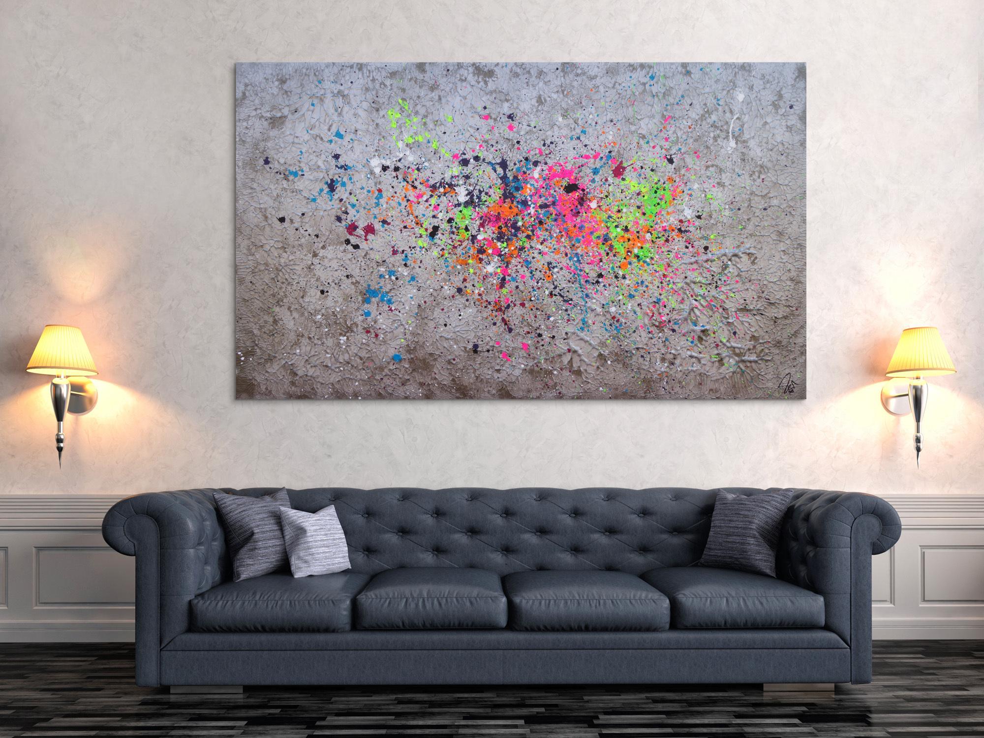Abstraktes Acrylbild Action Painting silber neon Splash Art bunte Farben auf silber Grund