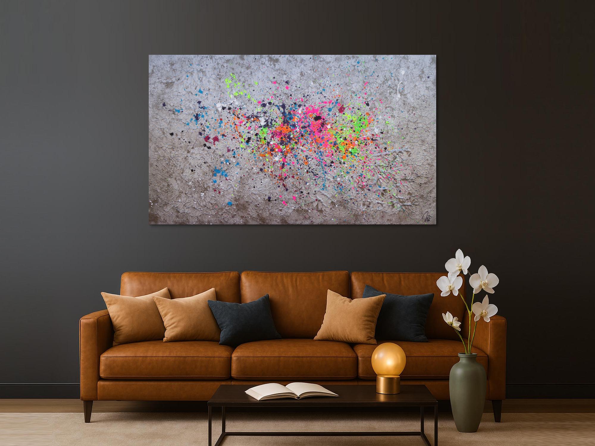 Abstraktes Acrylbild Action Painting silber neon Splash Art bunte Farben auf silber Grund
