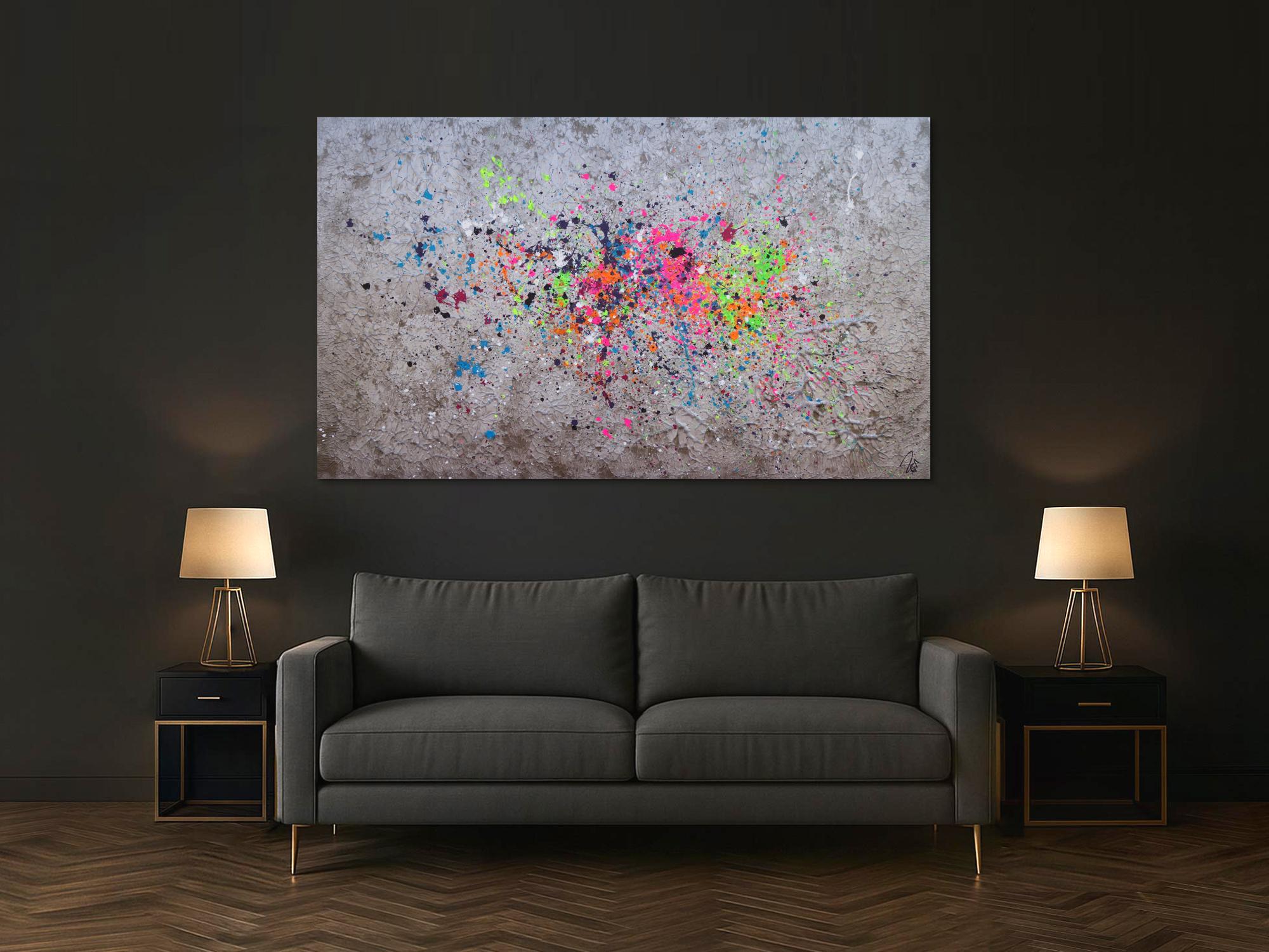 Abstraktes Acrylbild Action Painting silber neon Splash Art bunte Farben auf silber Grund