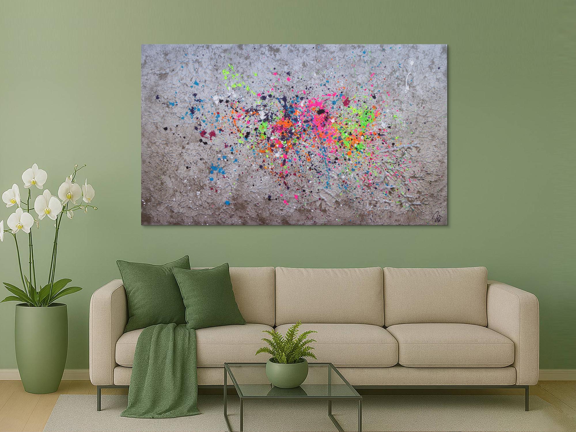 Abstraktes Acrylbild Action Painting silber neon Splash Art bunte Farben auf silber Grund