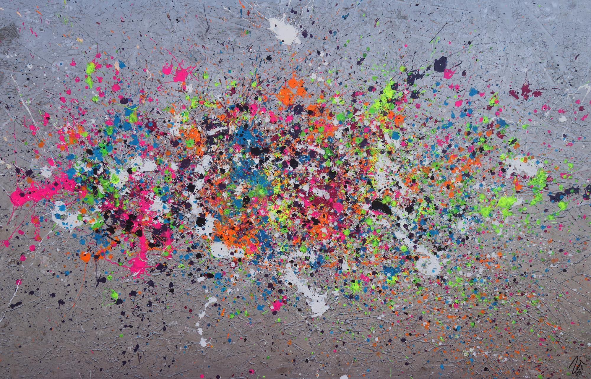 Abstraktes Acrylbild Action Painting neon-Farben auf silber Grund Splash Art zeitgenössisch